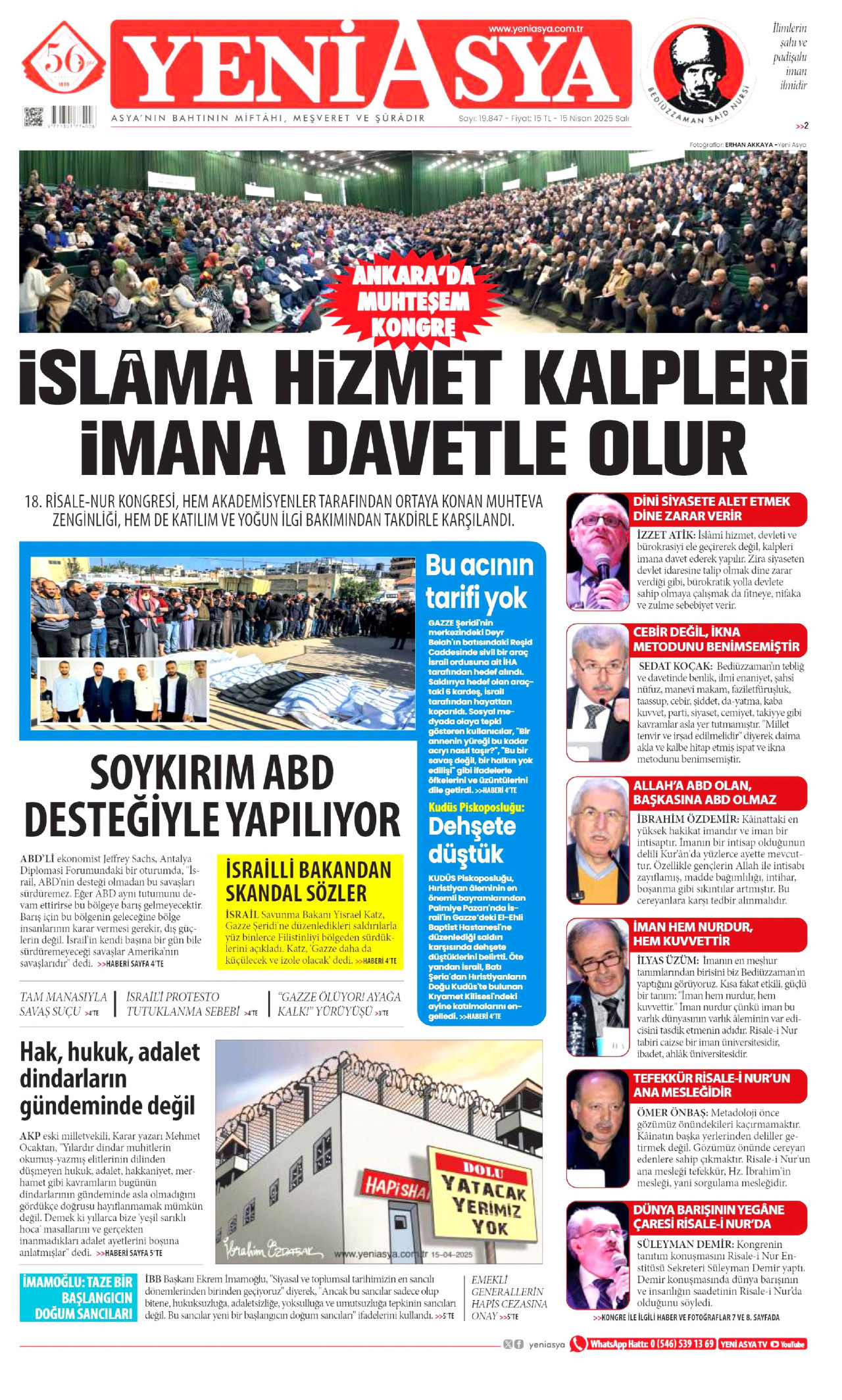 YENİ ASYA gazetesinin 15 Nisan 2025 tarihli birinci sayfası
