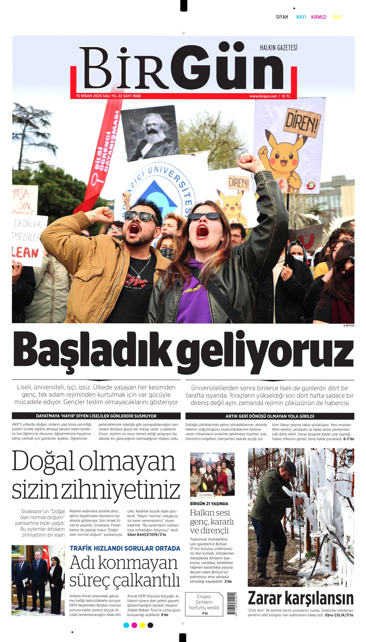 BİRGÜN gazetesinin 15 Nisan 2025 tarihli birinci sayfası