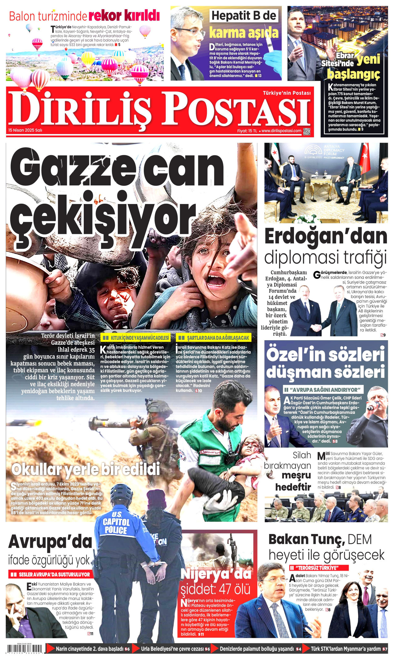 DİRİLİŞ POSTASI gazetesinin 15 Nisan 2025 tarihli birinci sayfası