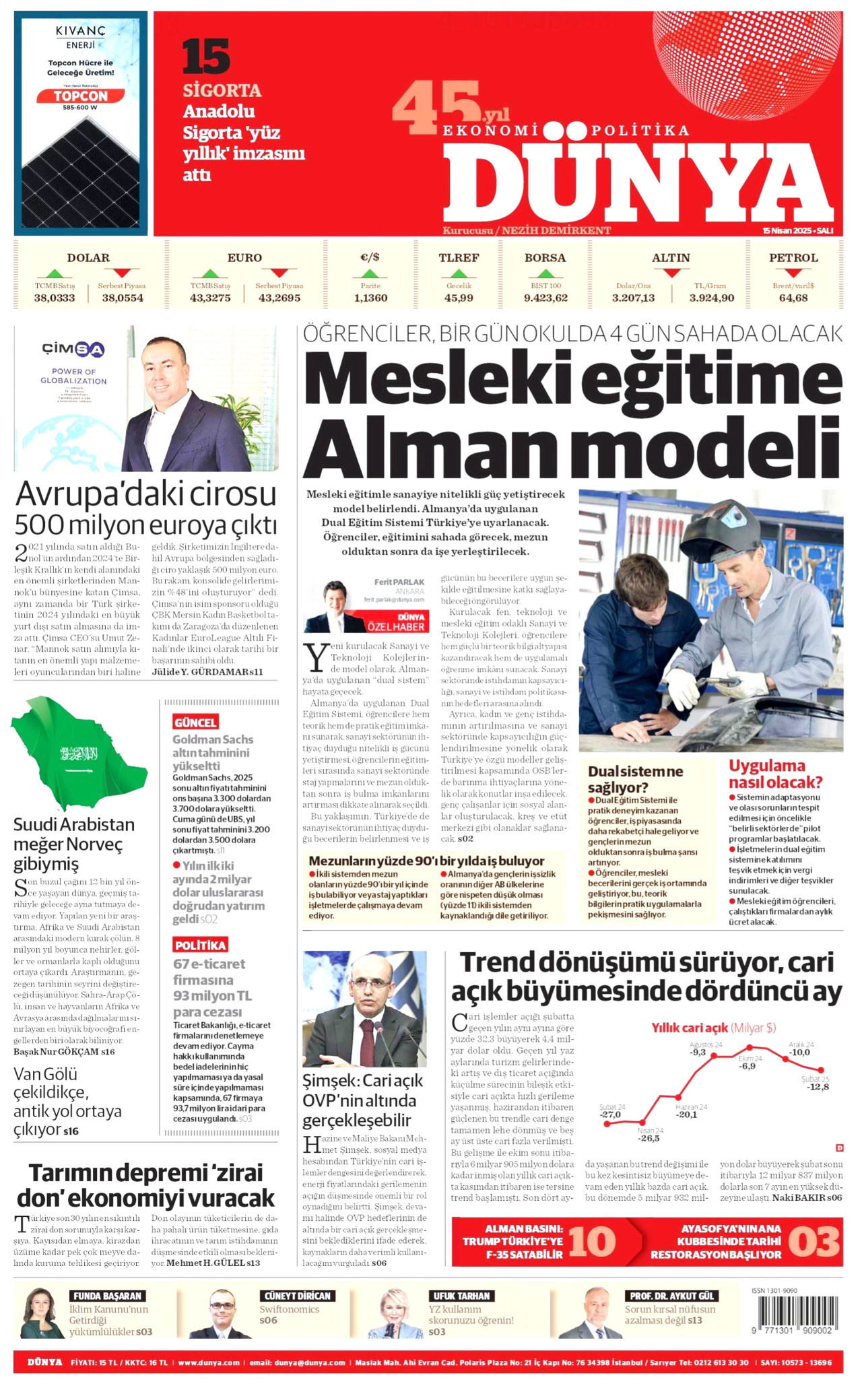 DÜNYA gazetesinin 15 Nisan 2025 tarihli birinci sayfası