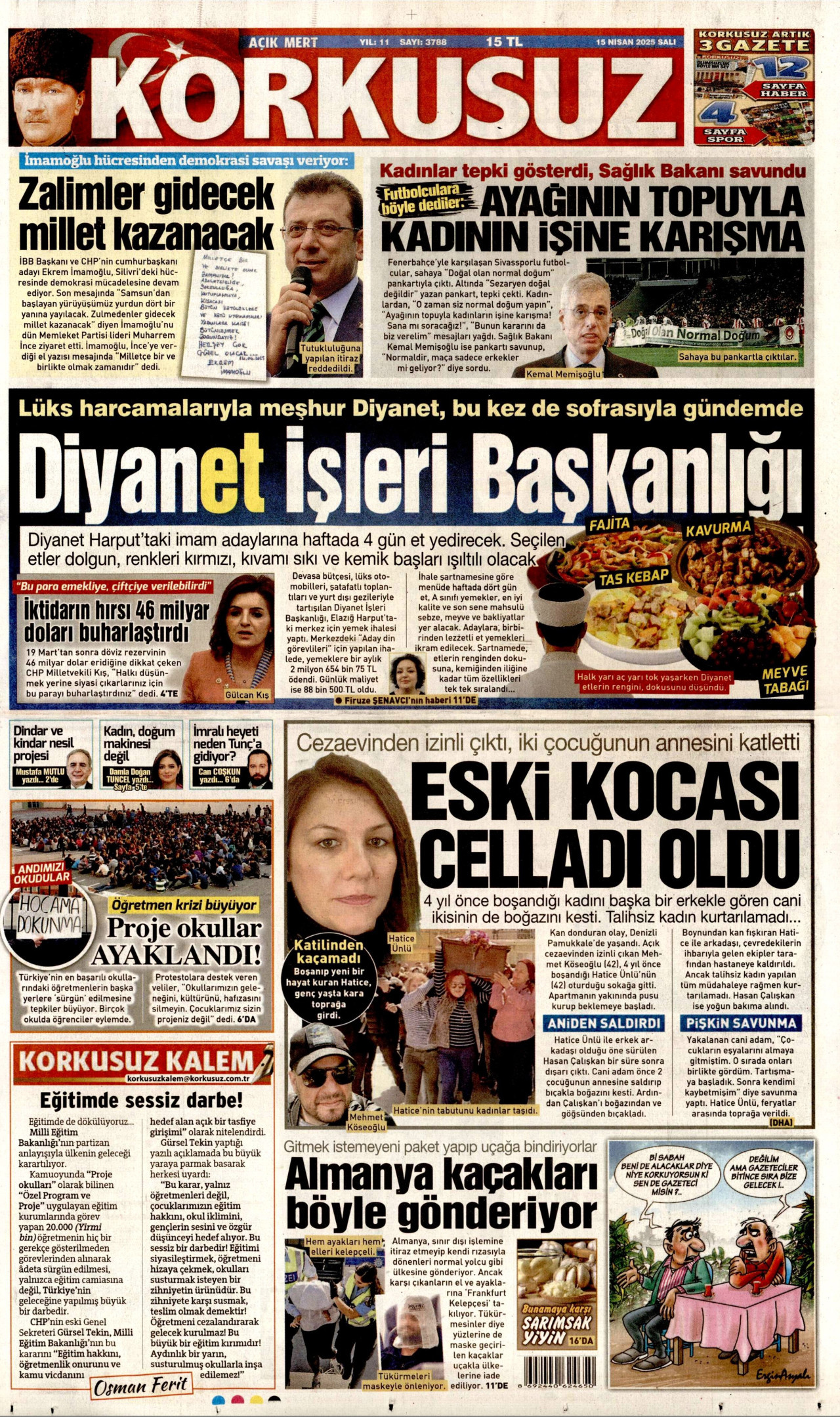 KORKUSUZ gazetesinin 15 Nisan 2025 tarihli birinci sayfası