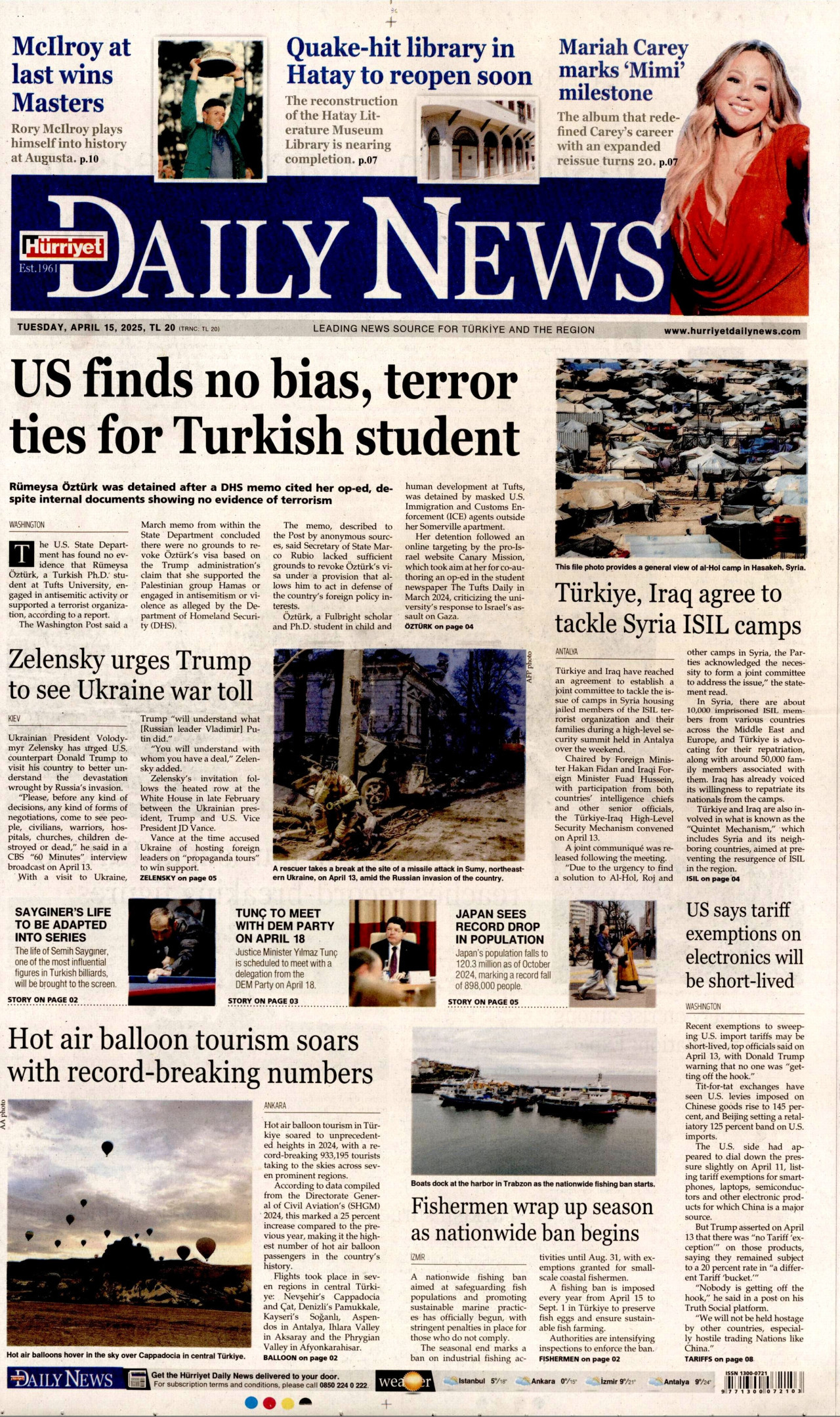 HÜRRİYET DAİLY NEWS gazetesinin 15 Nisan 2025 tarihli birinci sayfası