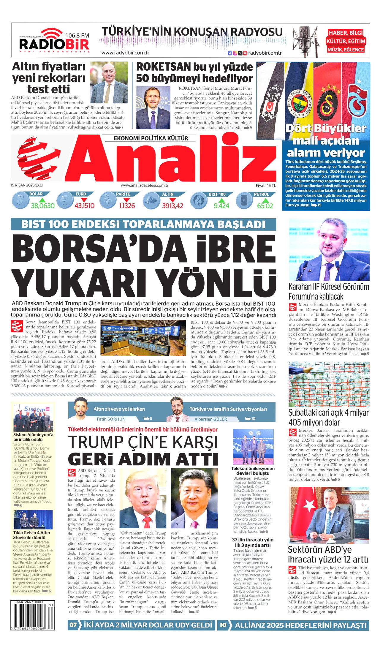 ANALİZ gazetesinin 15 Nisan 2025 tarihli birinci sayfası