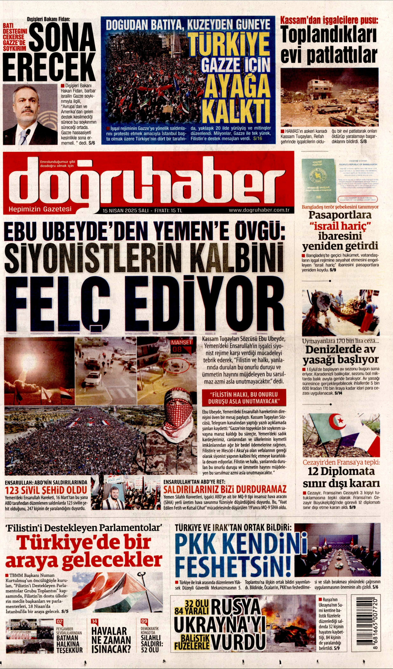 DOĞRU HABER gazetesinin 15 Nisan 2025 tarihli birinci sayfası
