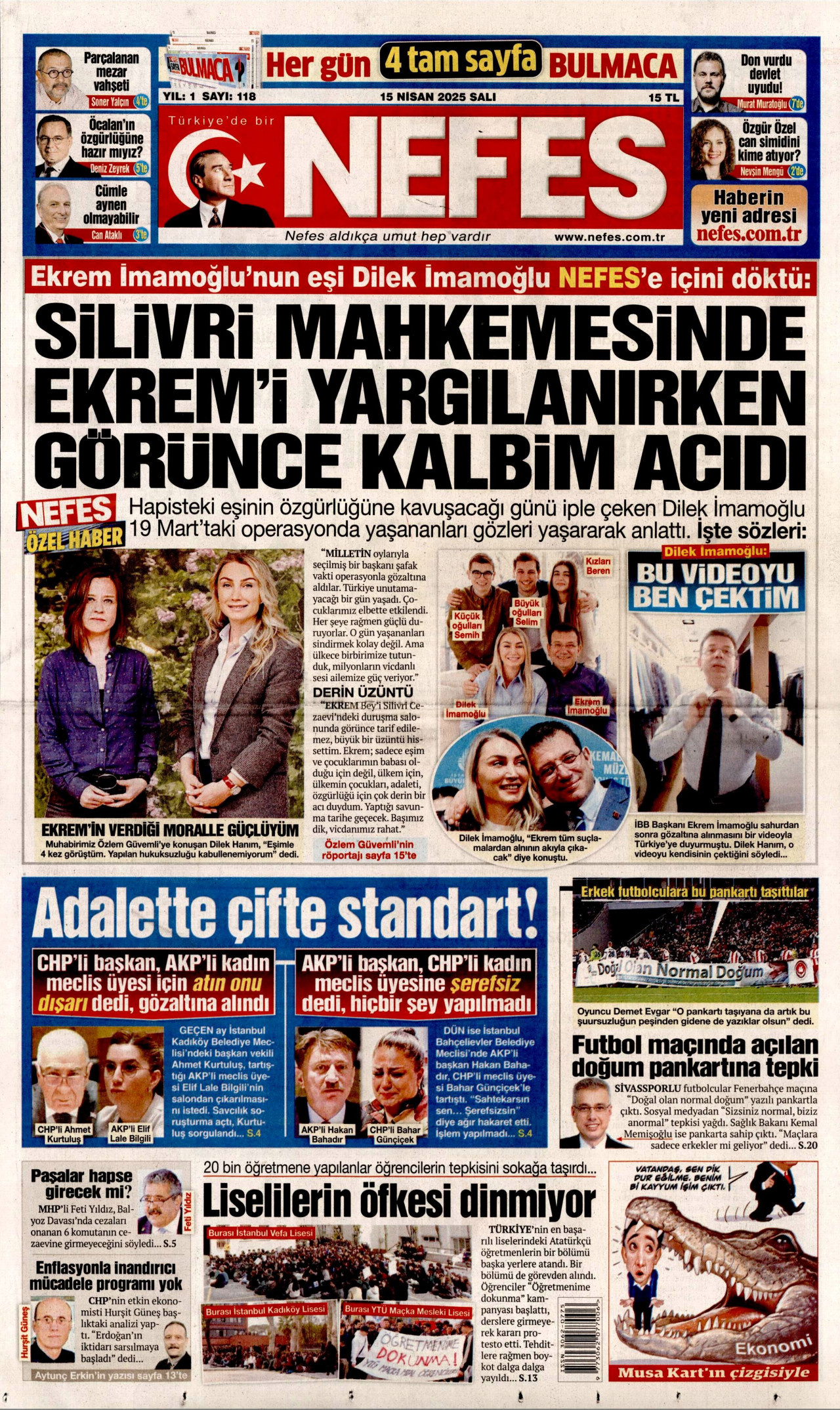 NEFES gazetesinin 15 Nisan 2025 tarihli birinci sayfası