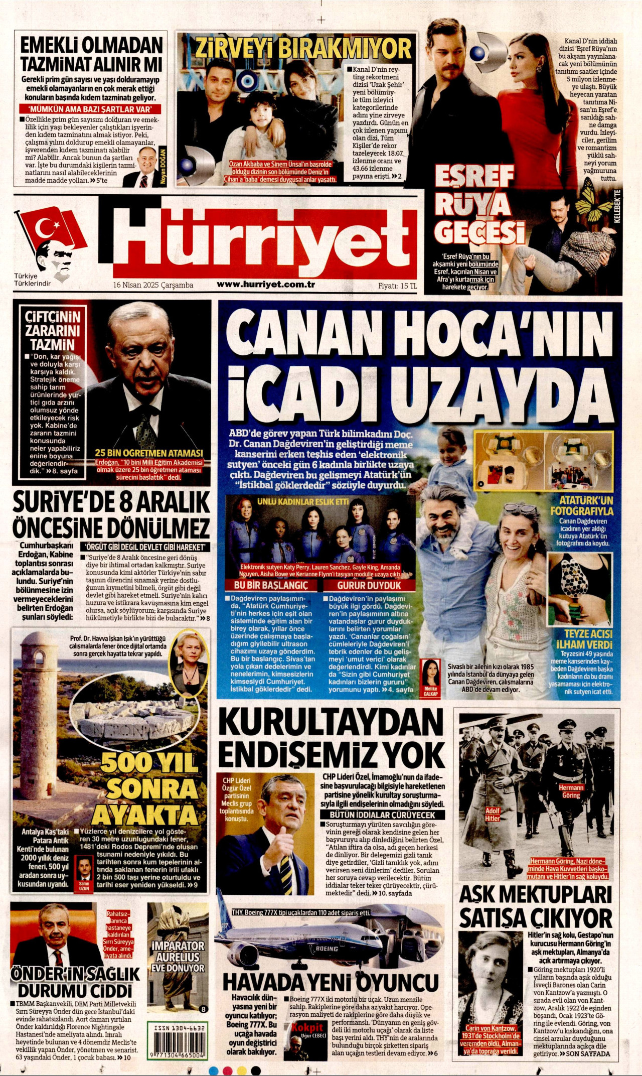HÜRRİYET gazetesinin 16 Nisan 2025 tarihli birinci sayfası