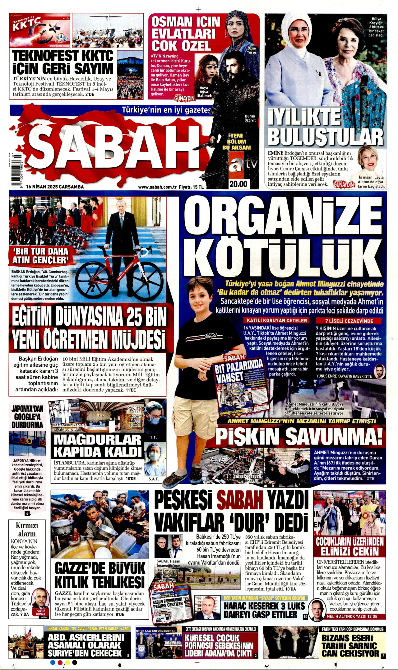 SABAH gazetesinin 16 Nisan 2025 tarihli birinci sayfası