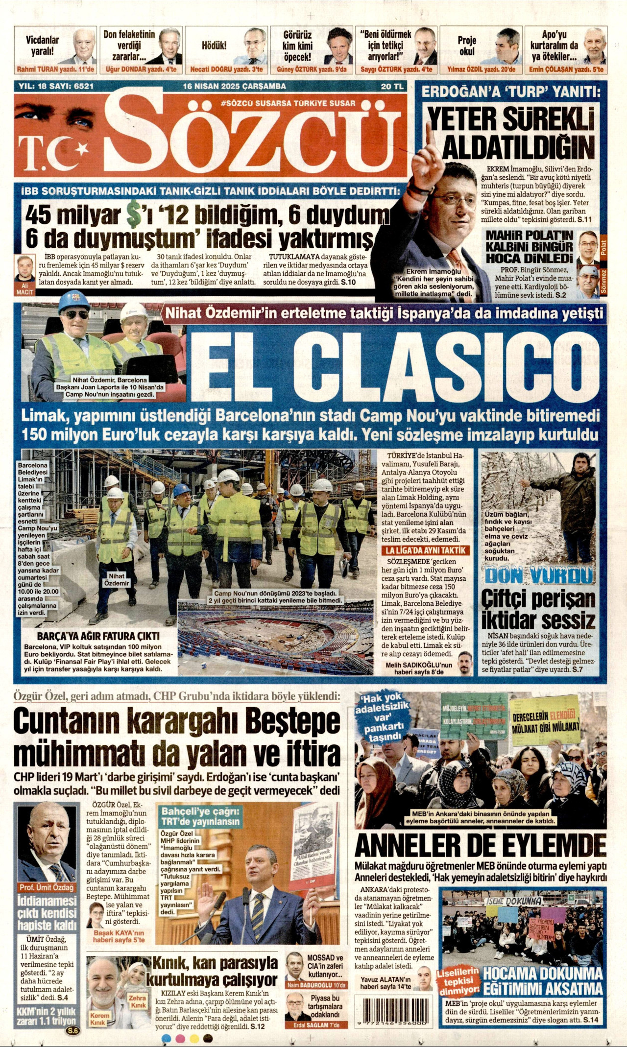 SÖZCÜ gazetesinin 16 Nisan 2025 tarihli birinci sayfası