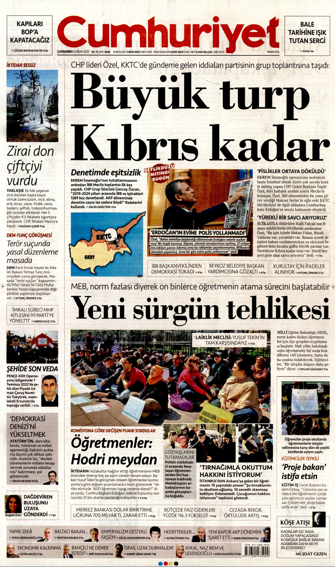 CUMHURİYET gazetesinin 16 Nisan 2025 tarihli birinci sayfası