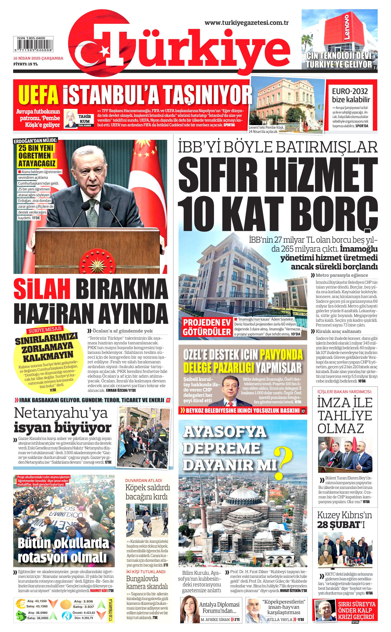 TÜRKİYE GAZETESİ gazetesinin 16 Nisan 2025 tarihli birinci sayfası