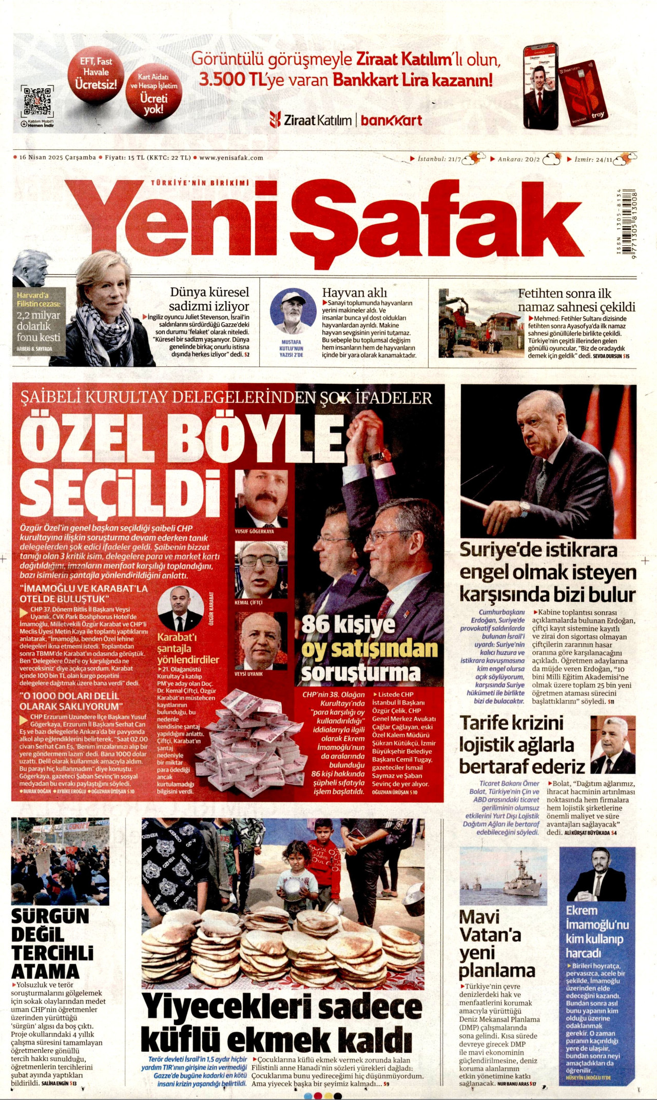 YENİ ŞAFAK gazetesinin 16 Nisan 2025 tarihli birinci sayfası