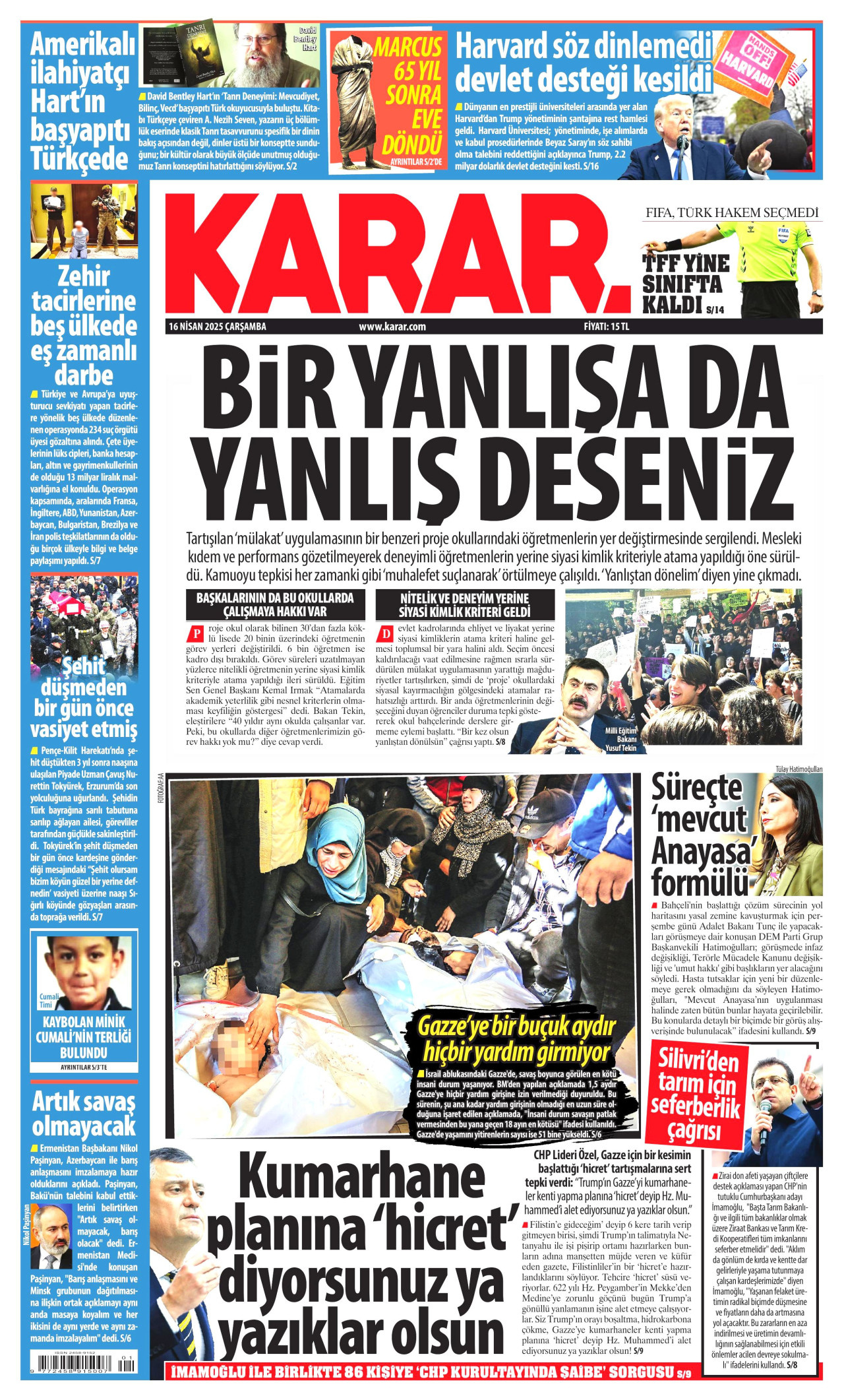KARAR gazetesinin 16 Nisan 2025 tarihli birinci sayfası