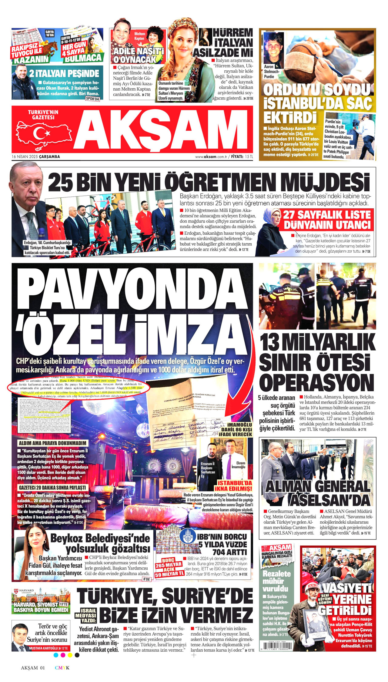 AKŞAM gazetesinin 16 Nisan 2025 tarihli birinci sayfası