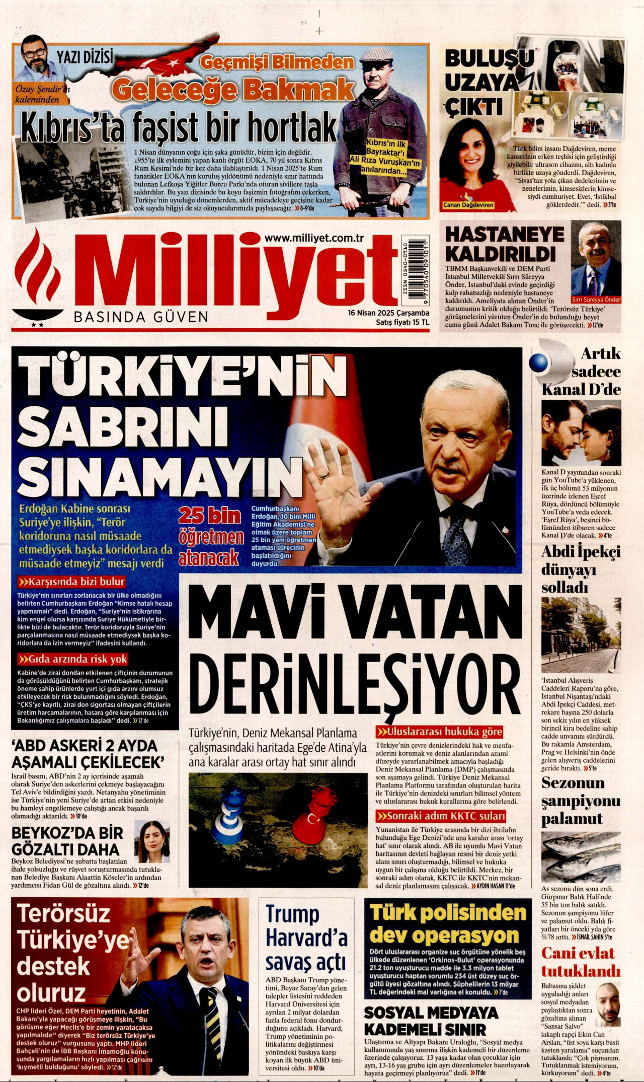 MİLLİYET gazetesinin 16 Nisan 2025 tarihli birinci sayfası