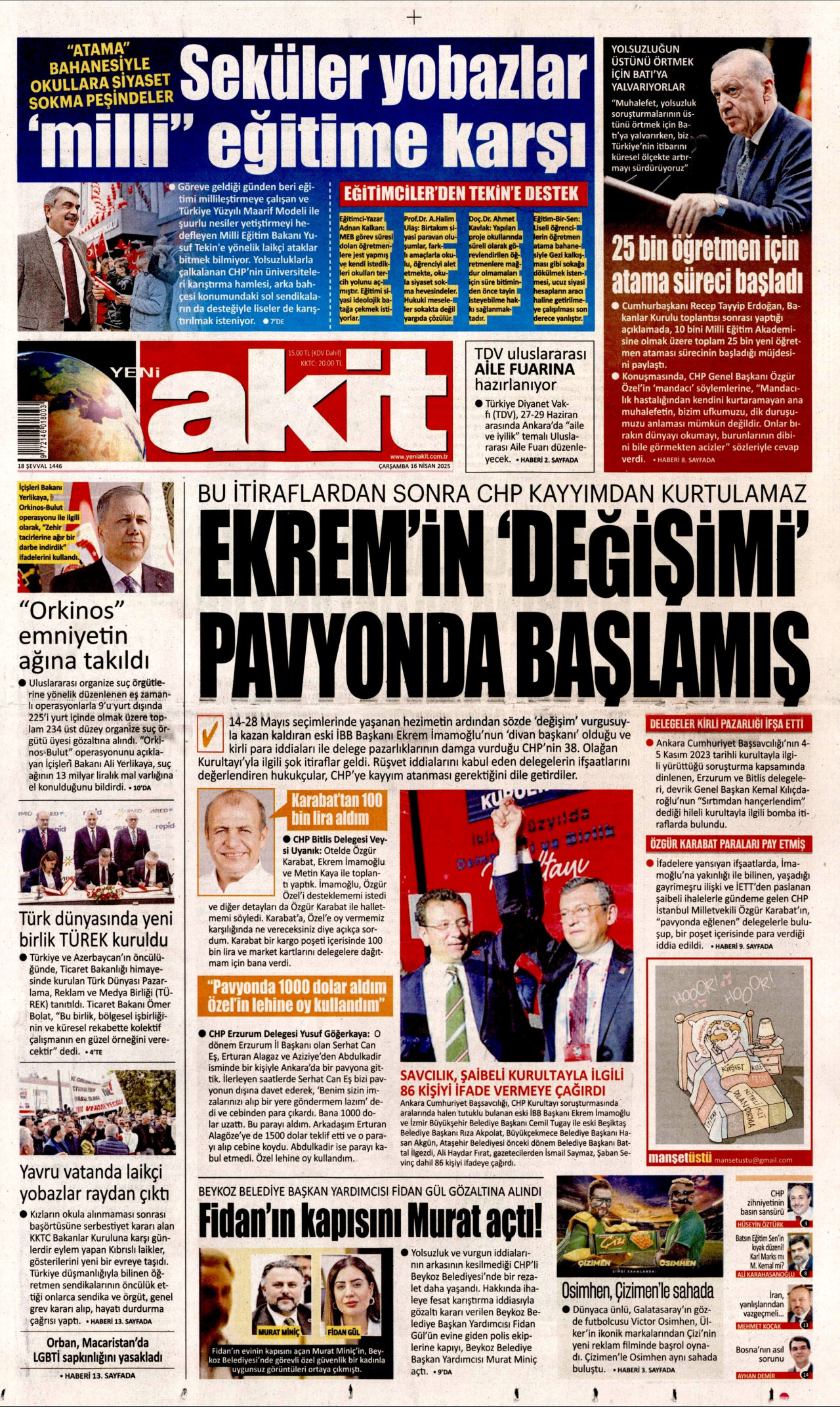 YENİ AKİT gazetesinin 16 Nisan 2025 tarihli birinci sayfası