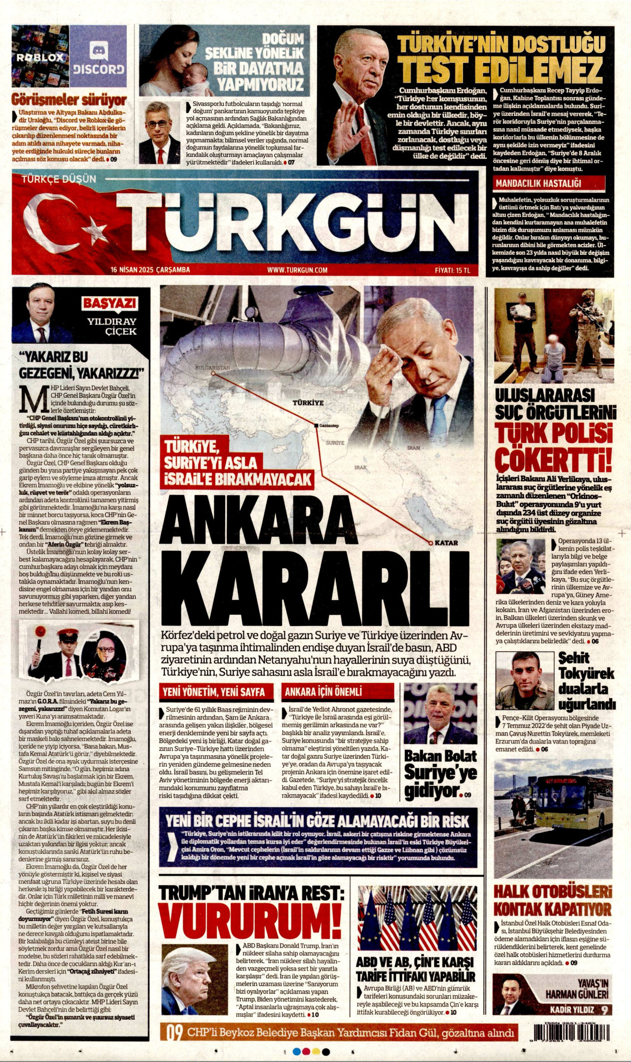 TÜRKGÜN gazetesinin 16 Nisan 2025 tarihli birinci sayfası