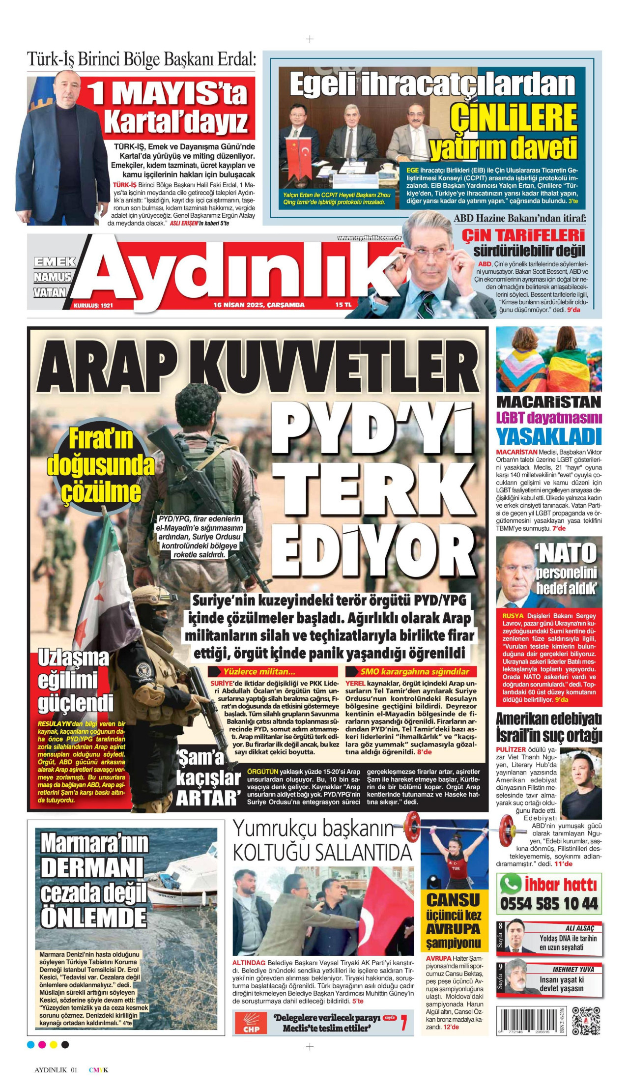 AYDINLIK GAZETESİ gazetesinin 16 Nisan 2025 tarihli birinci sayfası