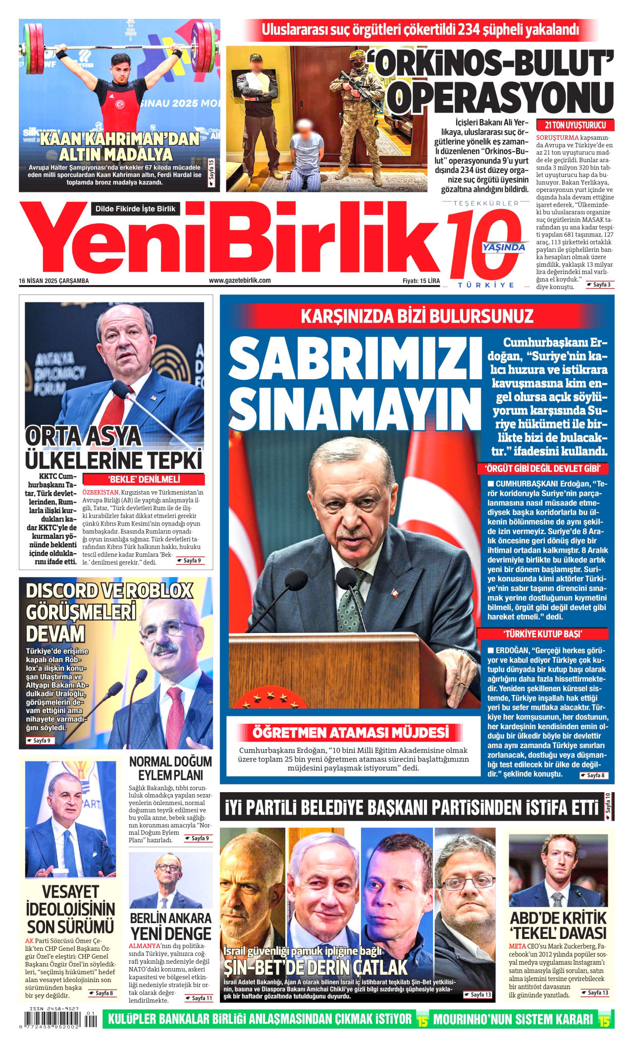 YENİBİRLİK gazetesinin 16 Nisan 2025 tarihli birinci sayfası