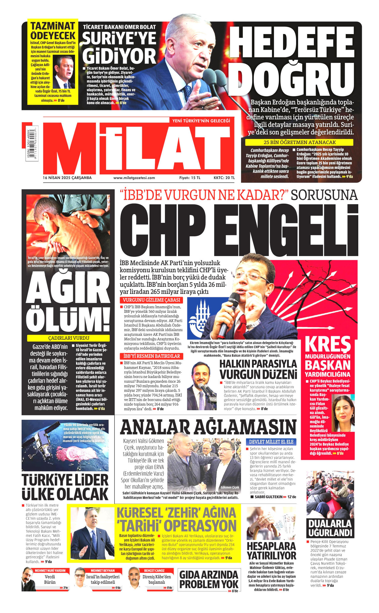 MİLAT gazetesinin 16 Nisan 2025 tarihli birinci sayfası