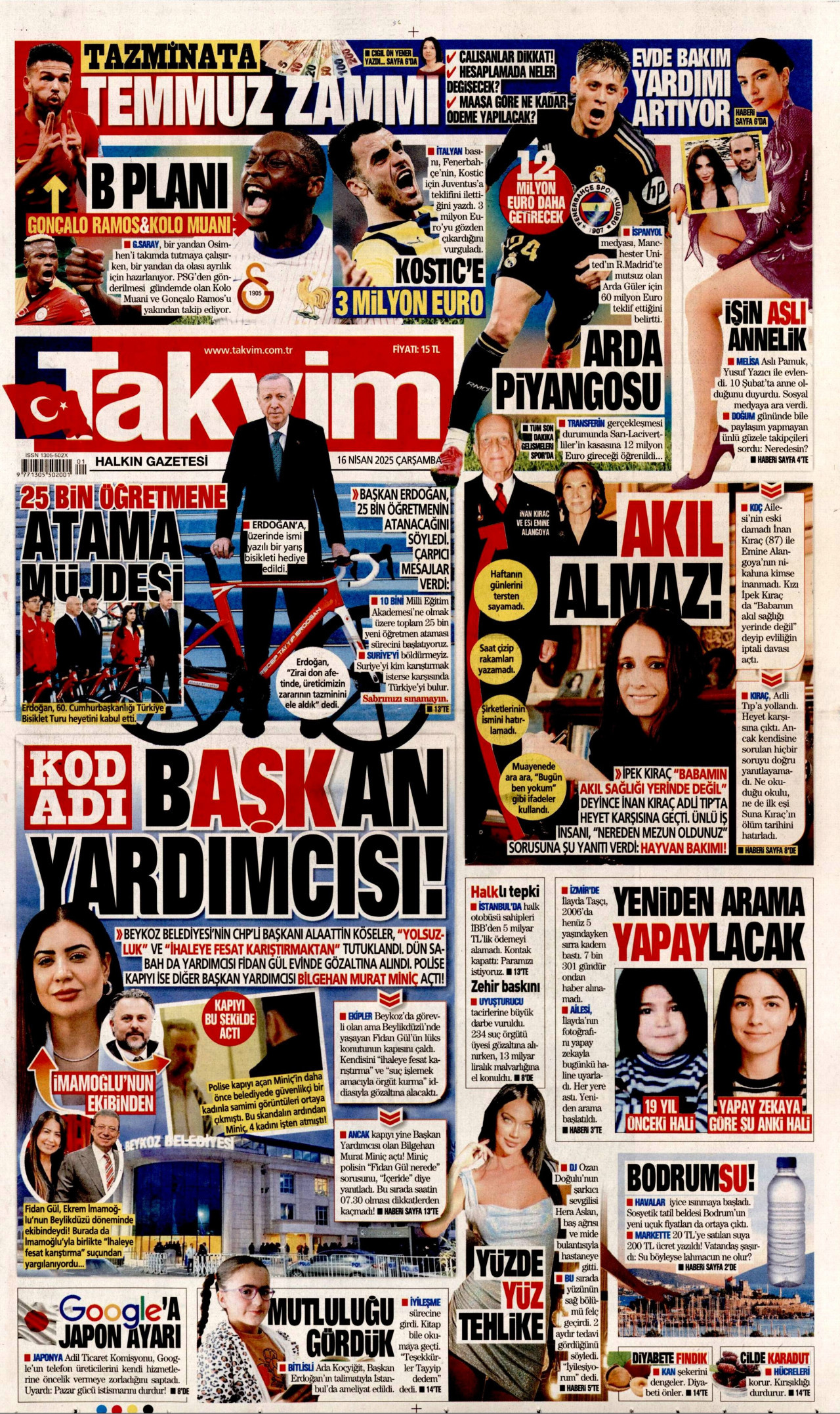 TAKVİM gazetesinin 16 Nisan 2025 tarihli birinci sayfası