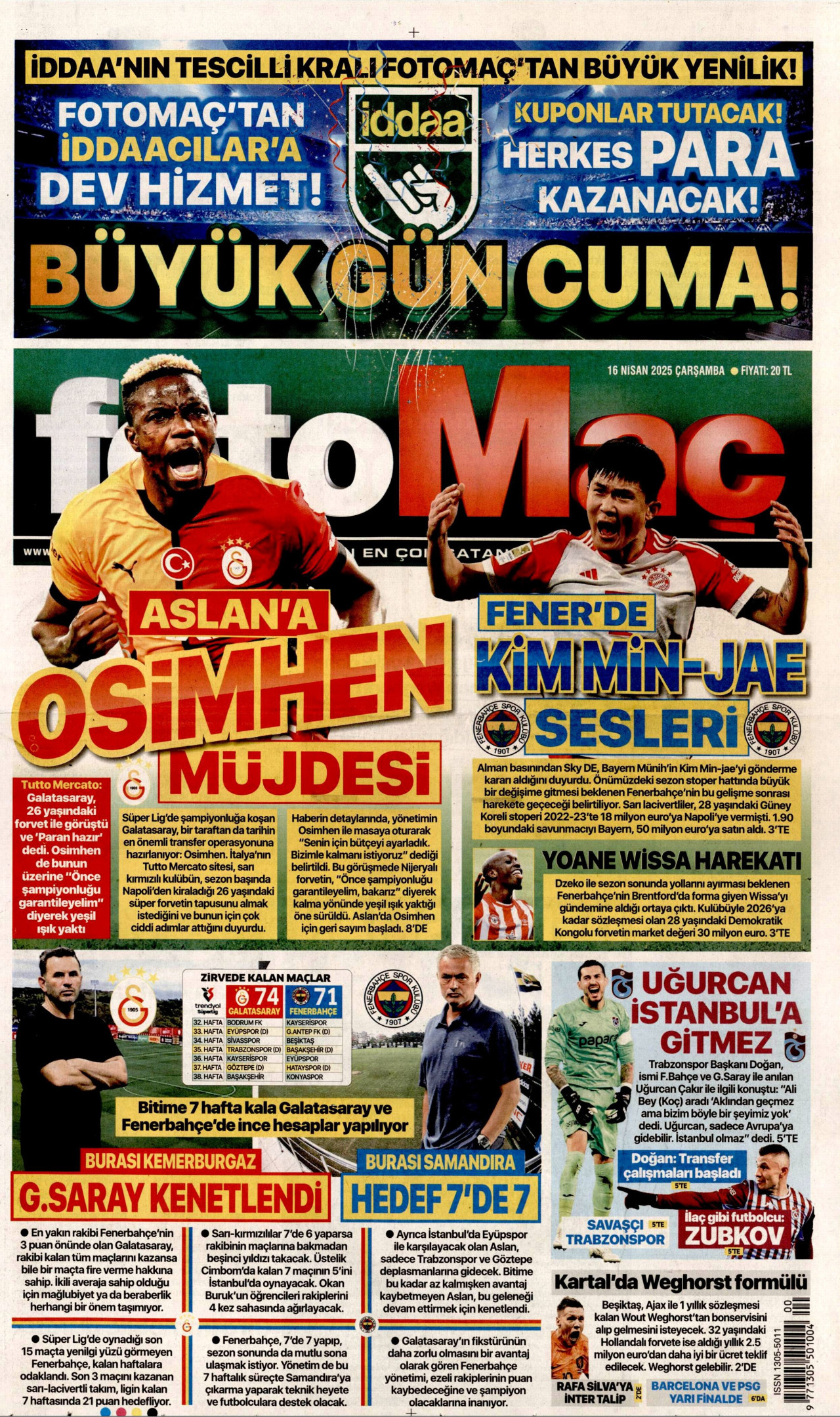 FOTOMAÇ gazetesinin 16 Nisan 2025 tarihli birinci sayfası