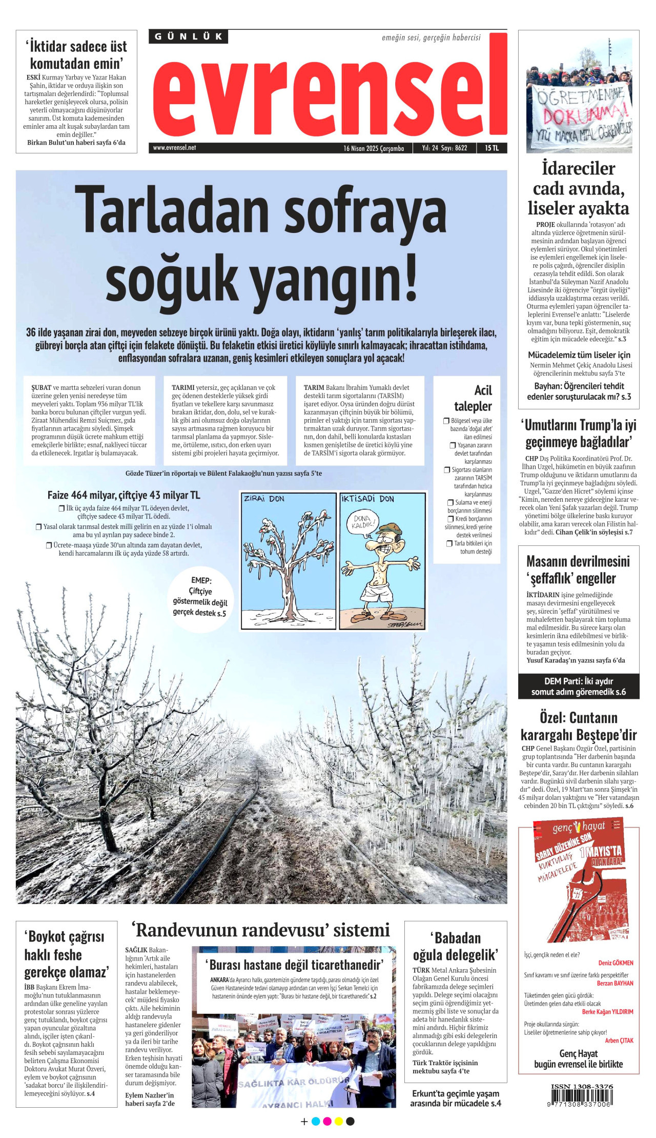 EVRENSEL gazetesinin 16 Nisan 2025 tarihli birinci sayfası