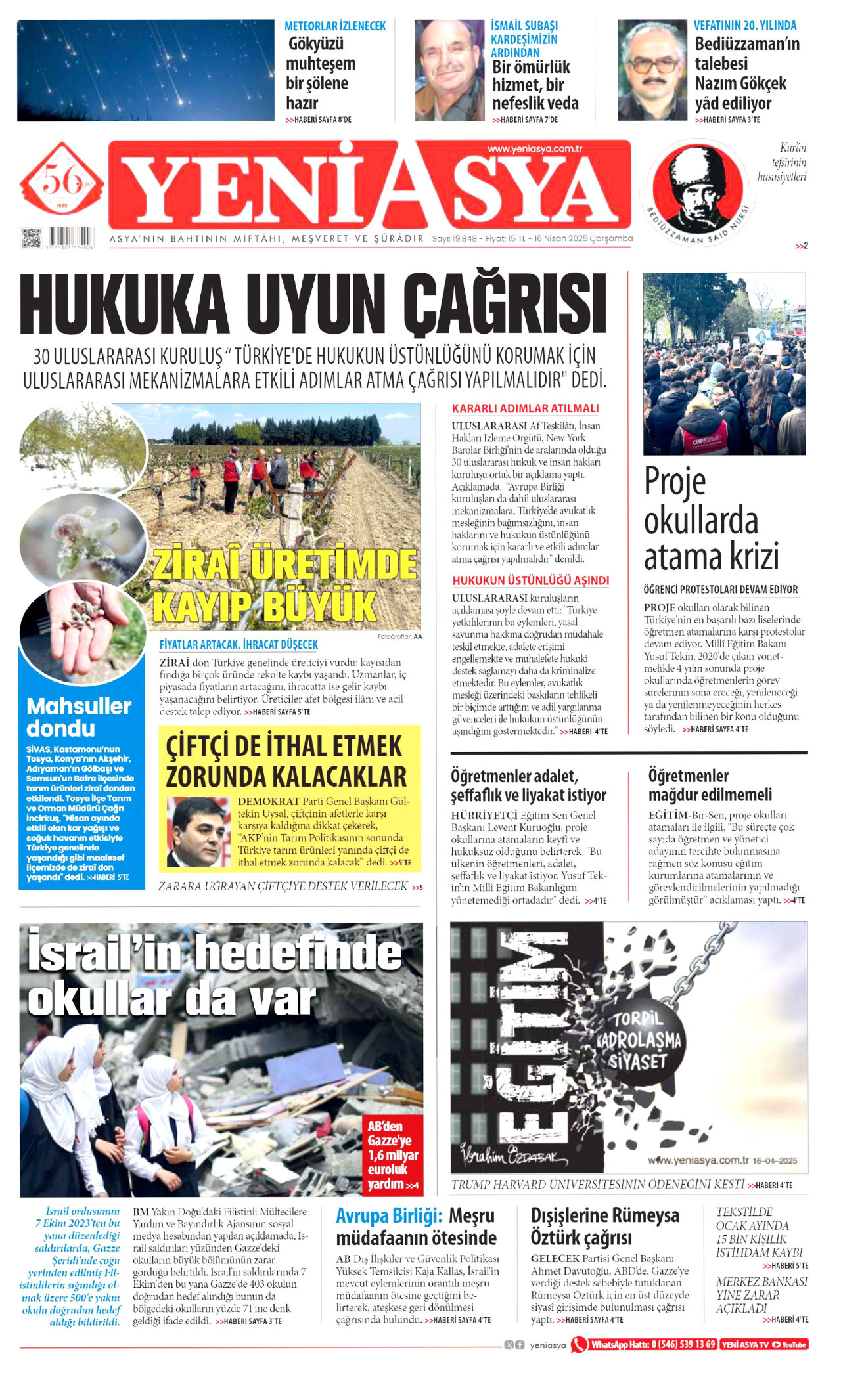 YENİ ASYA gazetesinin 16 Nisan 2025 tarihli birinci sayfası
