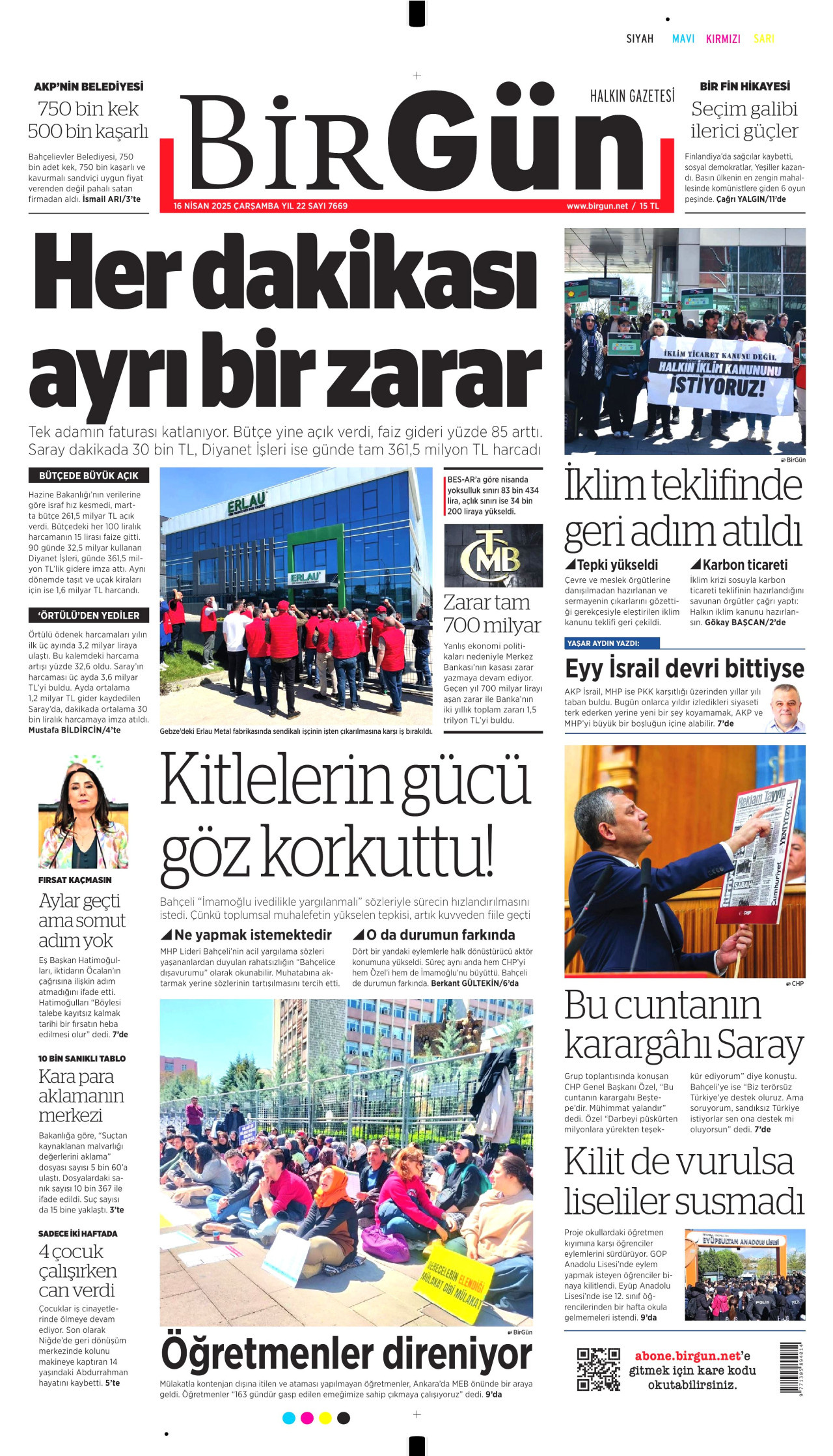 BİRGÜN gazetesinin 16 Nisan 2025 tarihli birinci sayfası