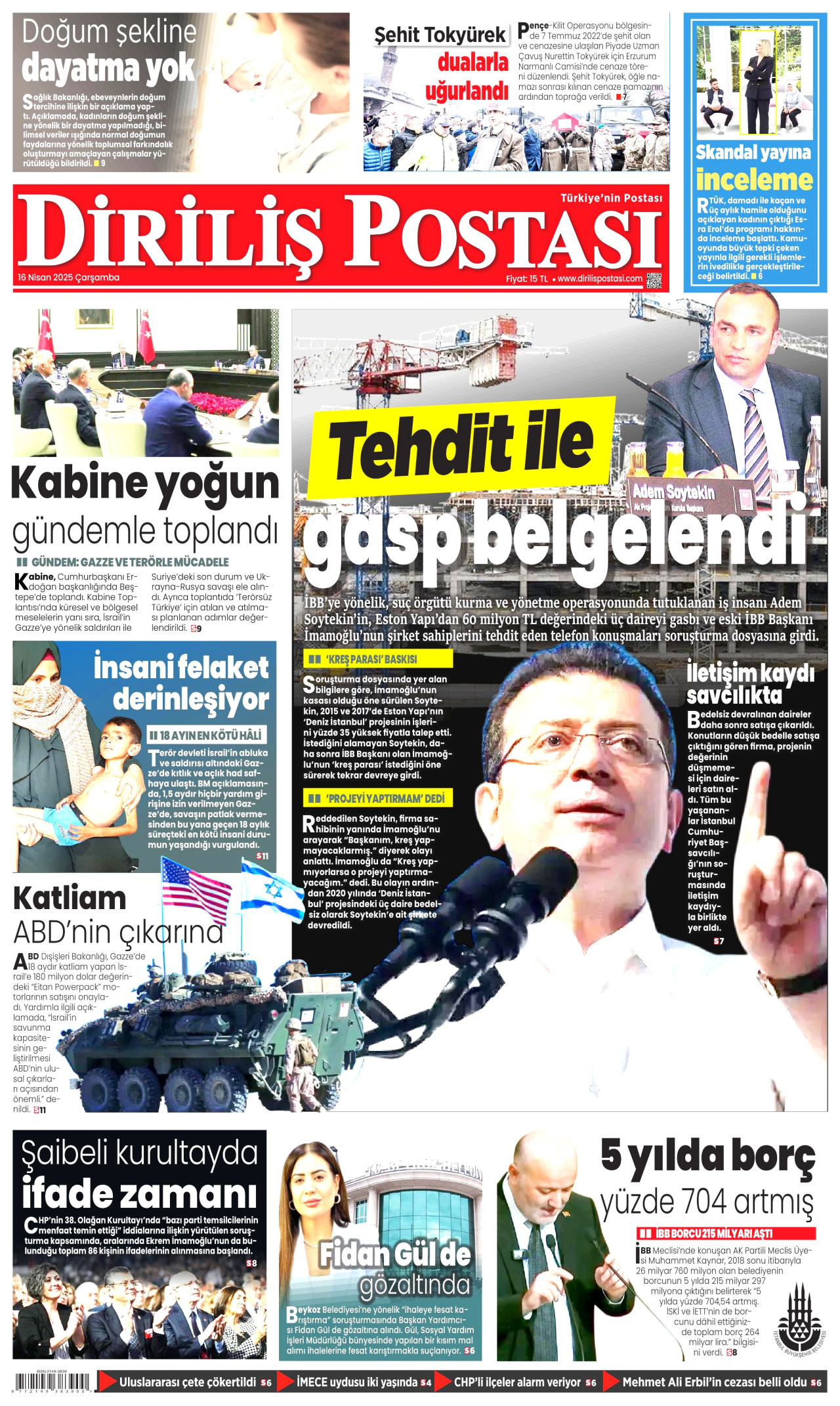 DİRİLİŞ POSTASI gazetesinin 16 Nisan 2025 tarihli birinci sayfası