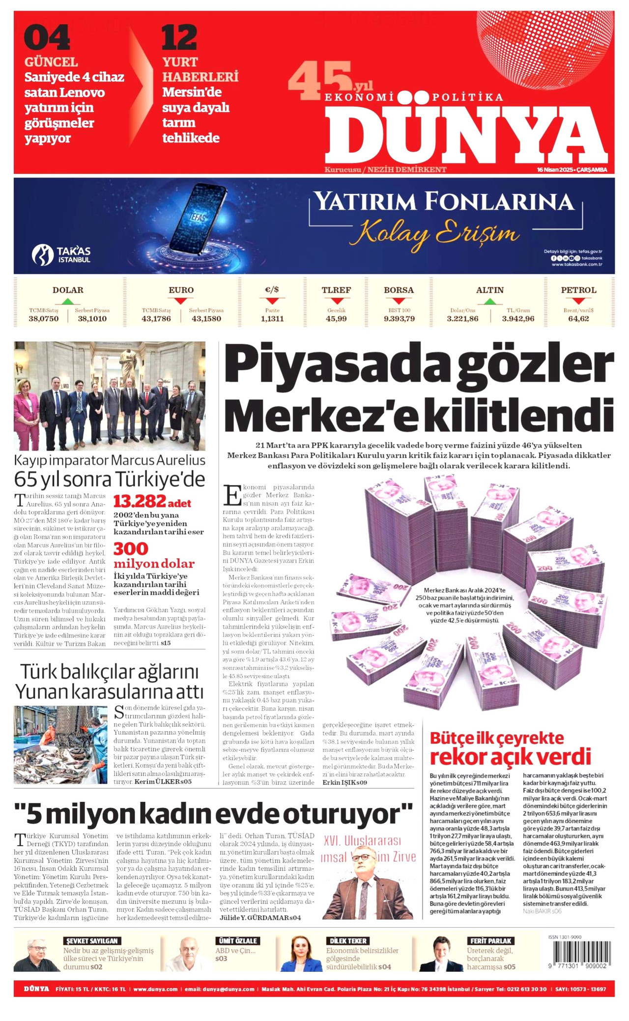 DÜNYA gazetesinin 16 Nisan 2025 tarihli birinci sayfası