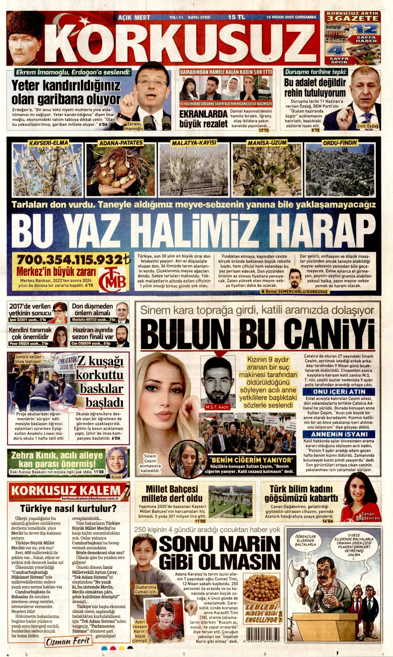 KORKUSUZ gazetesinin 16 Nisan 2025 tarihli birinci sayfası