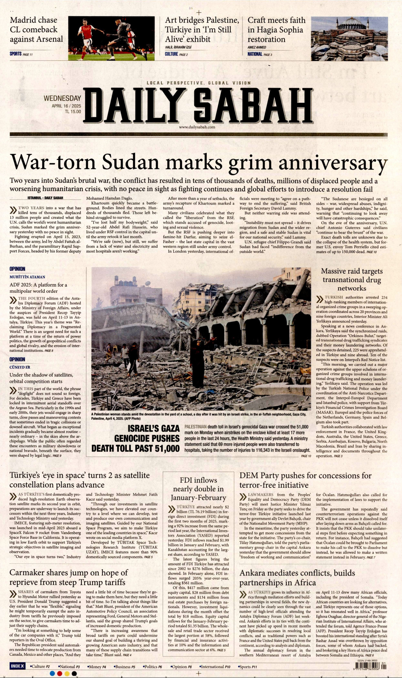 DAİLY SABAH gazetesinin 16 Nisan 2025 tarihli birinci sayfası