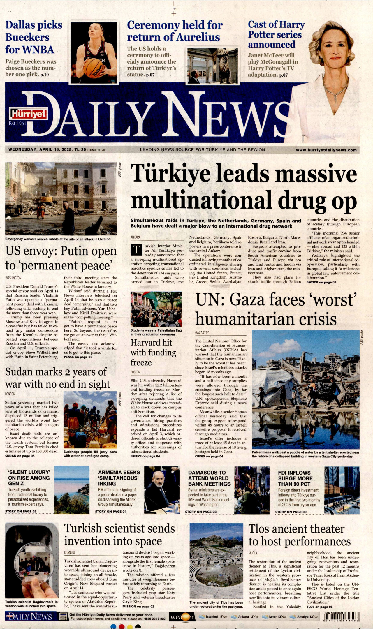 HÜRRİYET DAİLY NEWS gazetesinin 16 Nisan 2025 tarihli birinci sayfası