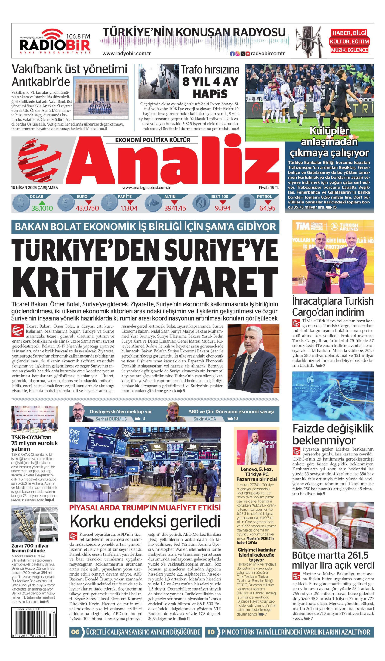 ANALİZ gazetesinin 16 Nisan 2025 tarihli birinci sayfası