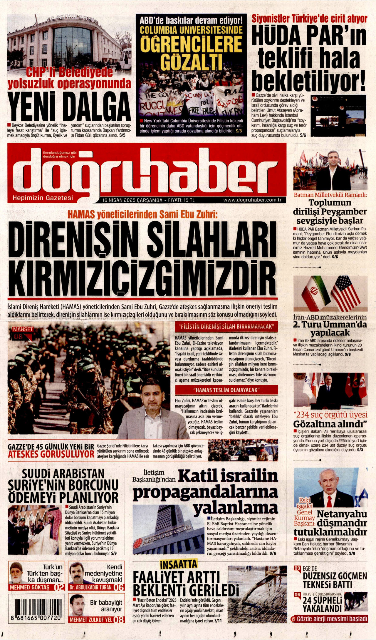 DOĞRU HABER gazetesinin 16 Nisan 2025 tarihli birinci sayfası