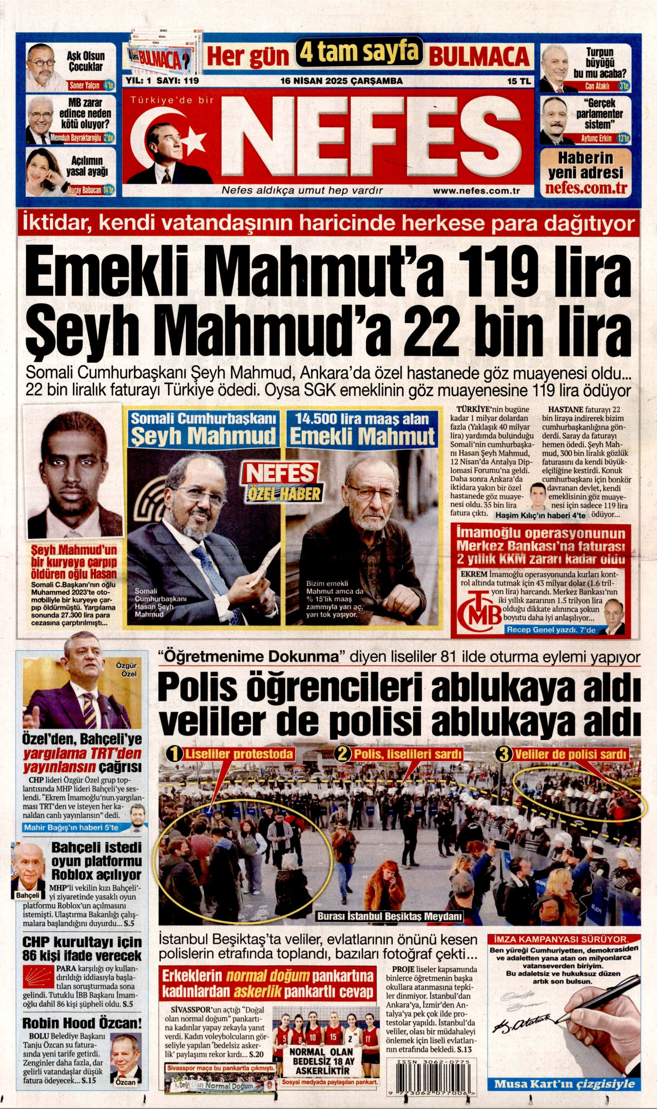 NEFES gazetesinin 16 Nisan 2025 tarihli birinci sayfası