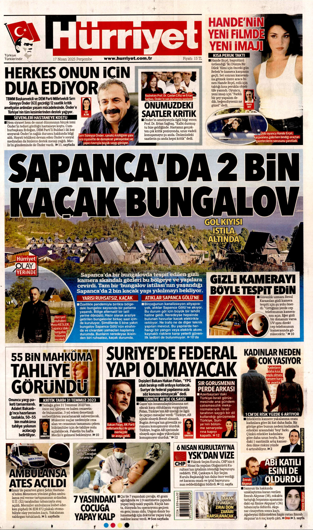 HÜRRİYET gazetesinin 17 Nisan 2025 tarihli birinci sayfası