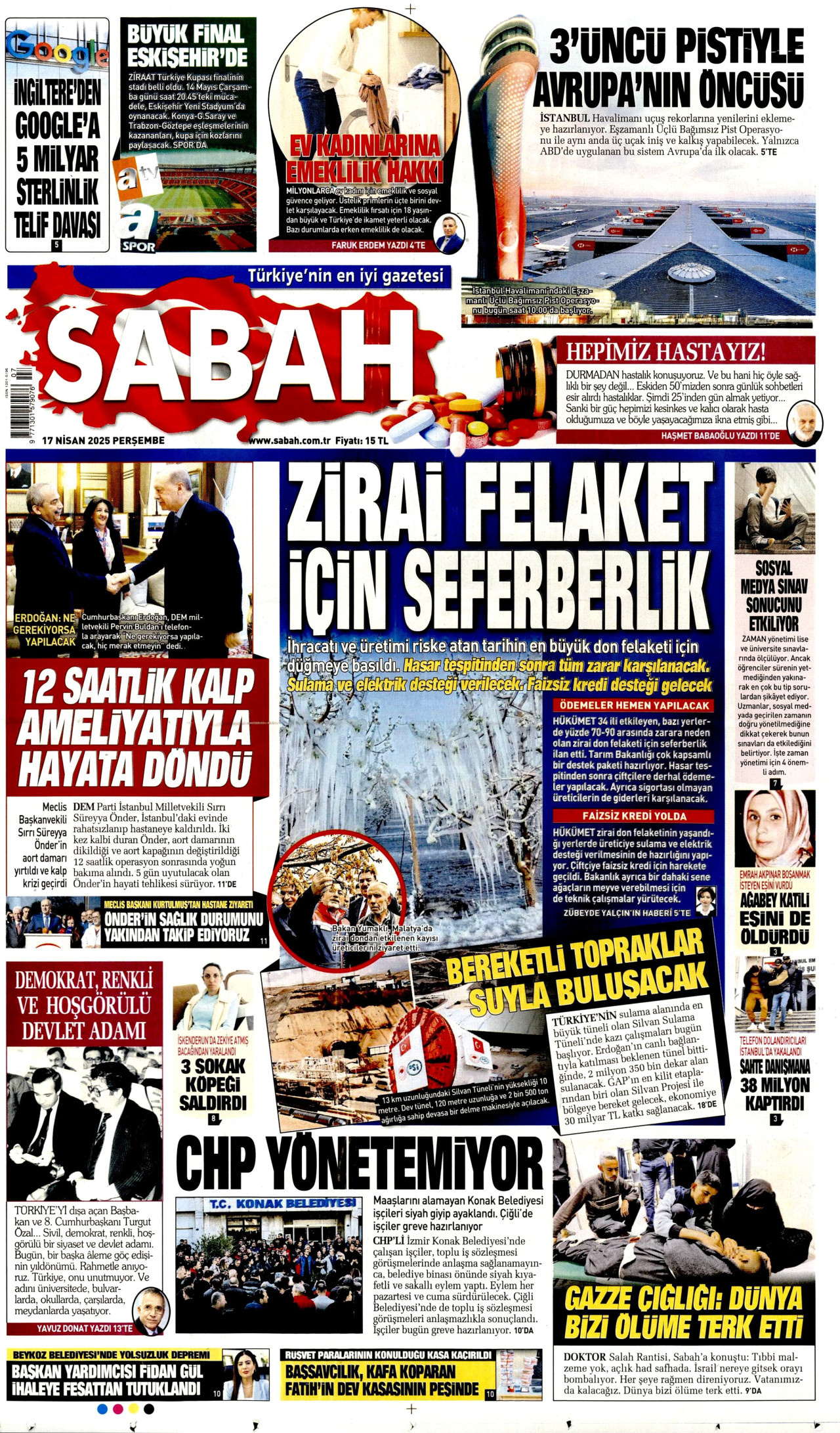 SABAH gazetesinin 17 Nisan 2025 tarihli birinci sayfası