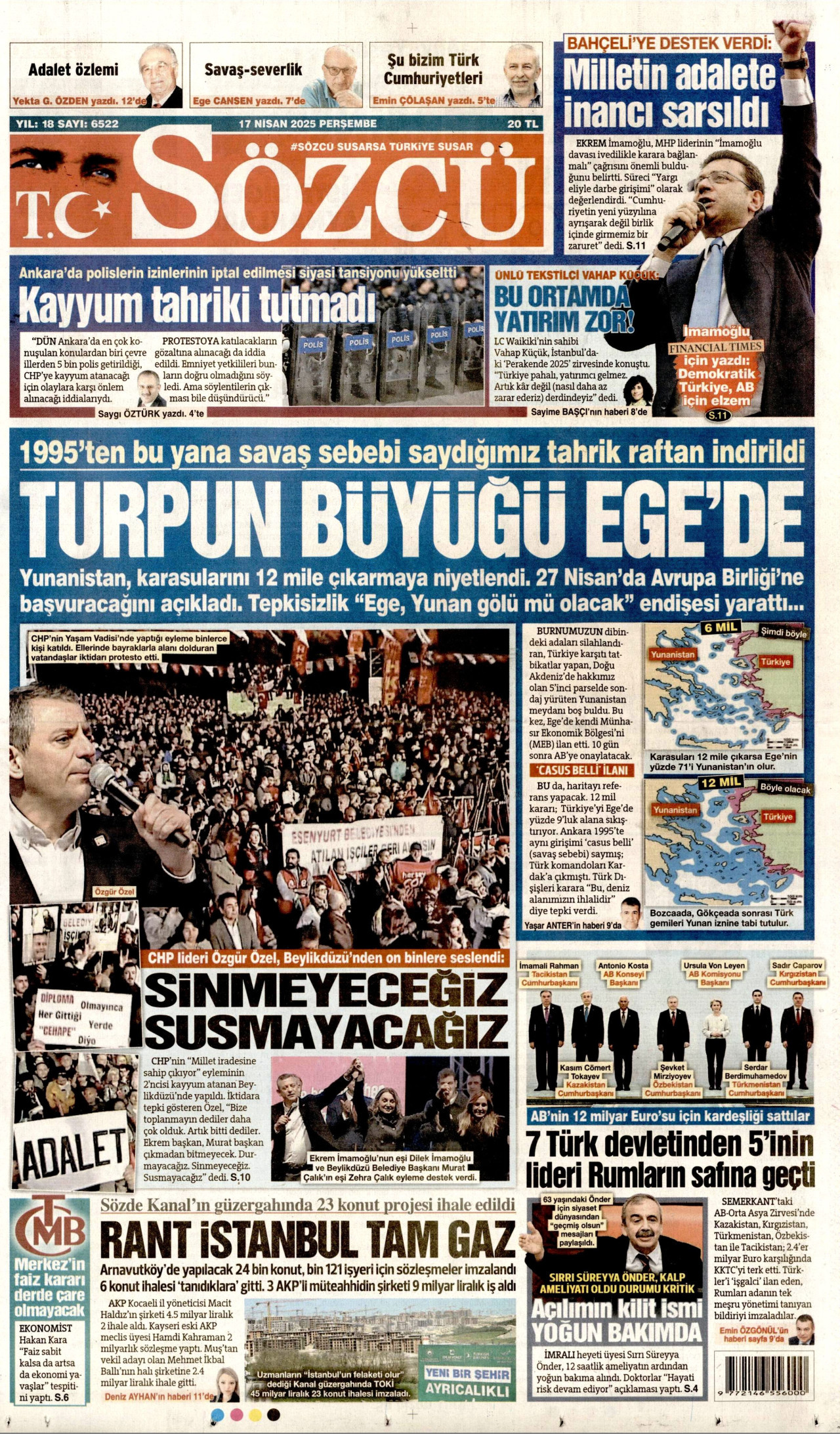 SÖZCÜ gazetesinin 17 Nisan 2025 tarihli birinci sayfası