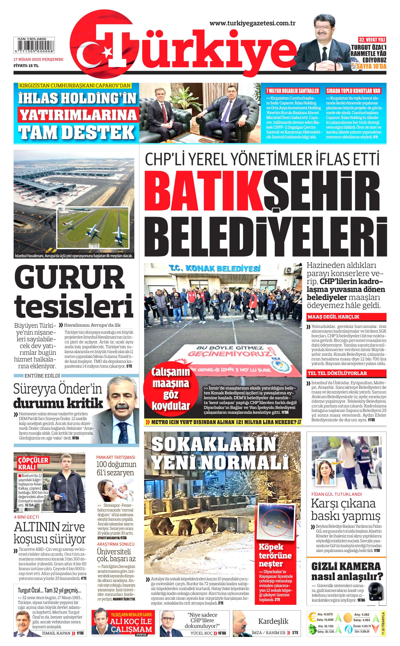 TÜRKİYE GAZETESİ gazetesinin 17 Nisan 2025 tarihli birinci sayfası