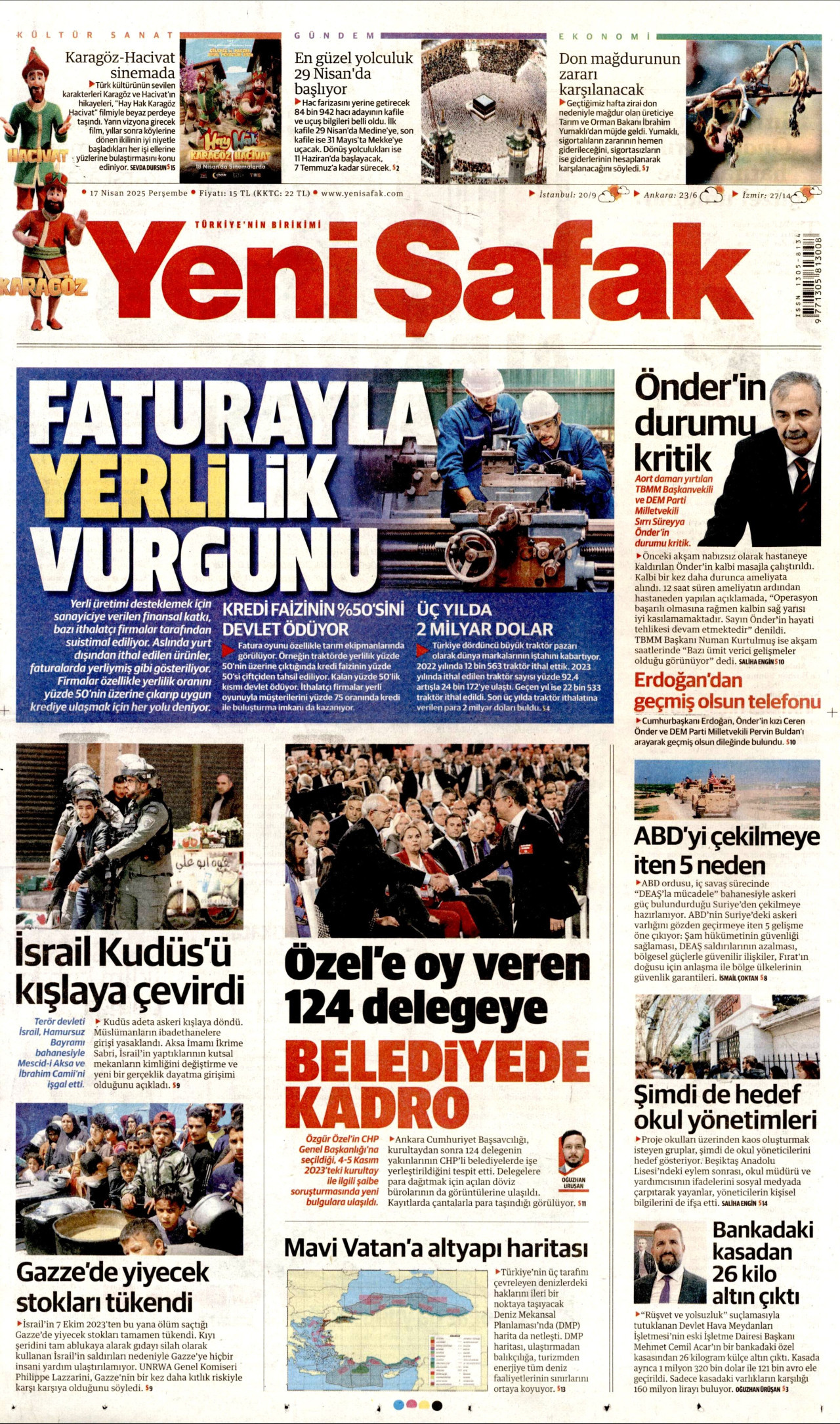 YENİ ŞAFAK gazetesinin 17 Nisan 2025 tarihli birinci sayfası