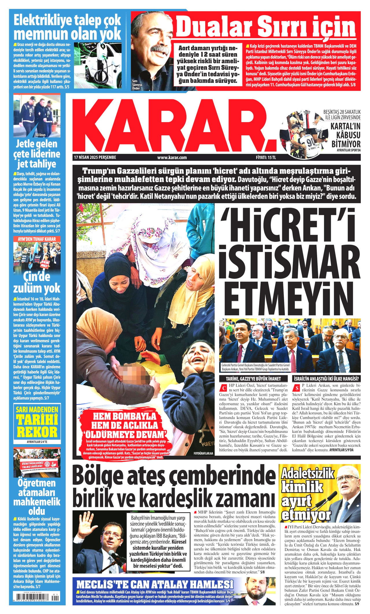 KARAR gazetesinin 17 Nisan 2025 tarihli birinci sayfası