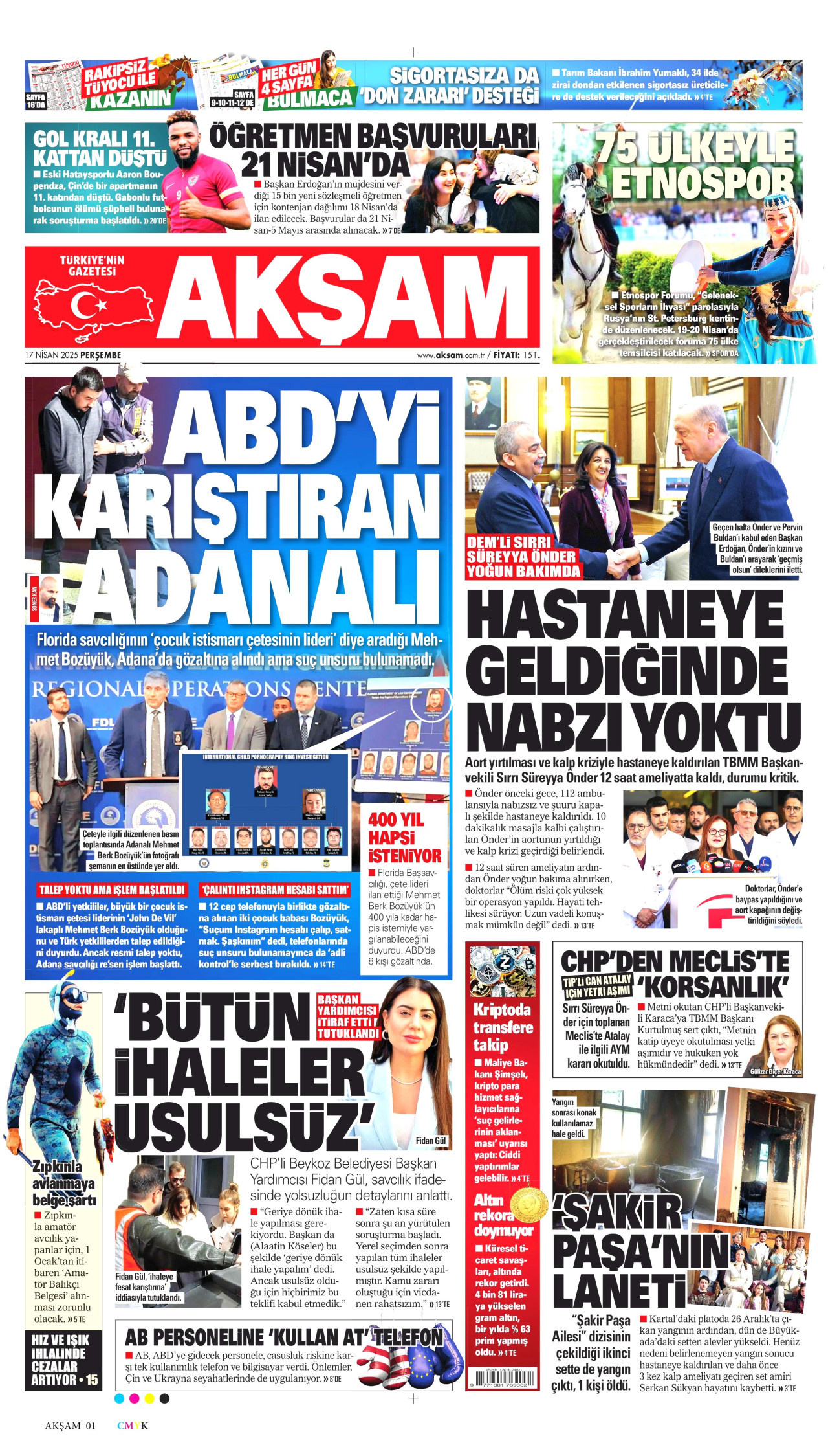 AKŞAM gazetesinin 17 Nisan 2025 tarihli birinci sayfası
