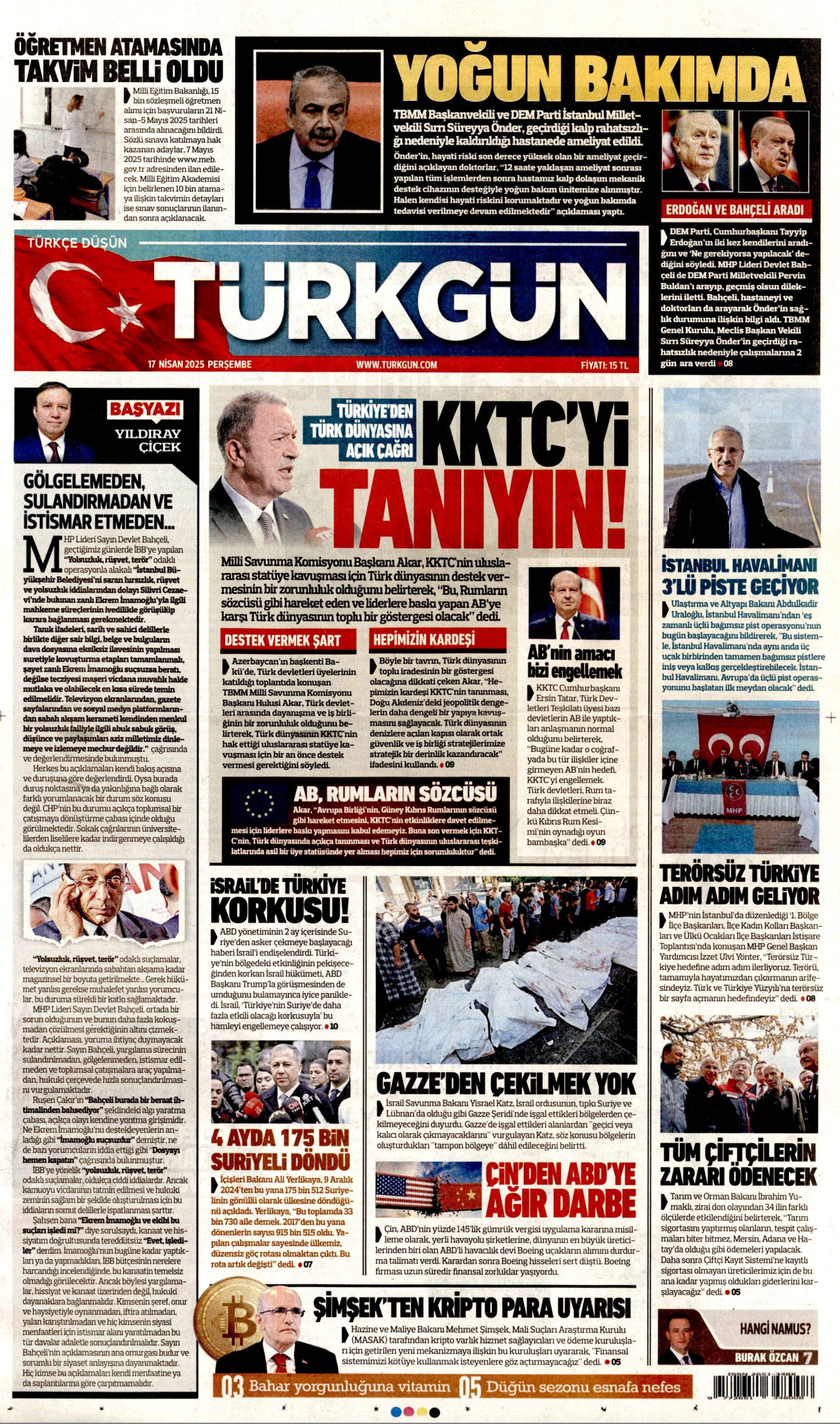 TÜRKGÜN gazetesinin 17 Nisan 2025 tarihli birinci sayfası