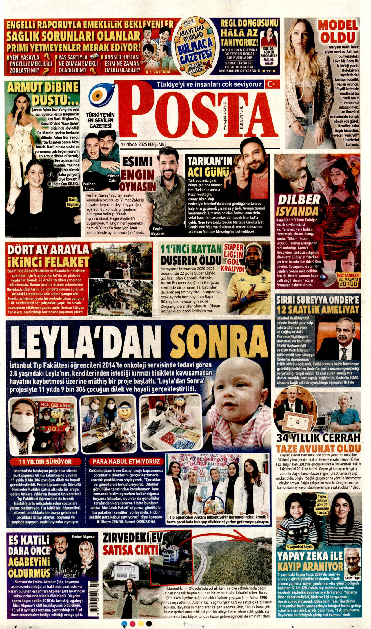 POSTA gazetesinin 17 Nisan 2025 tarihli birinci sayfası