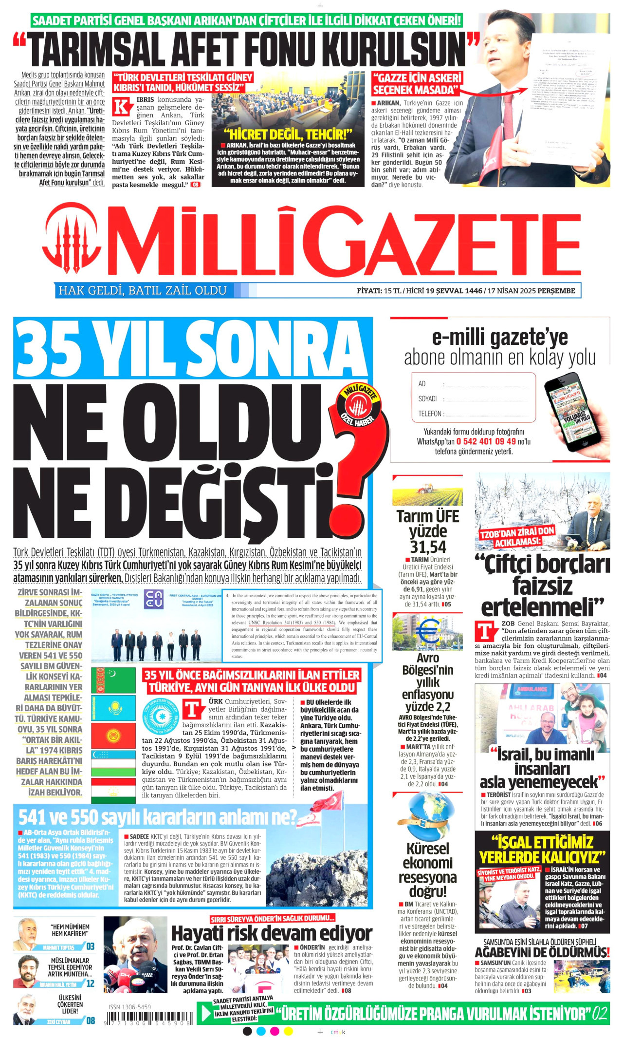 MİLLİ GAZETE gazetesinin 17 Nisan 2025 tarihli birinci sayfası