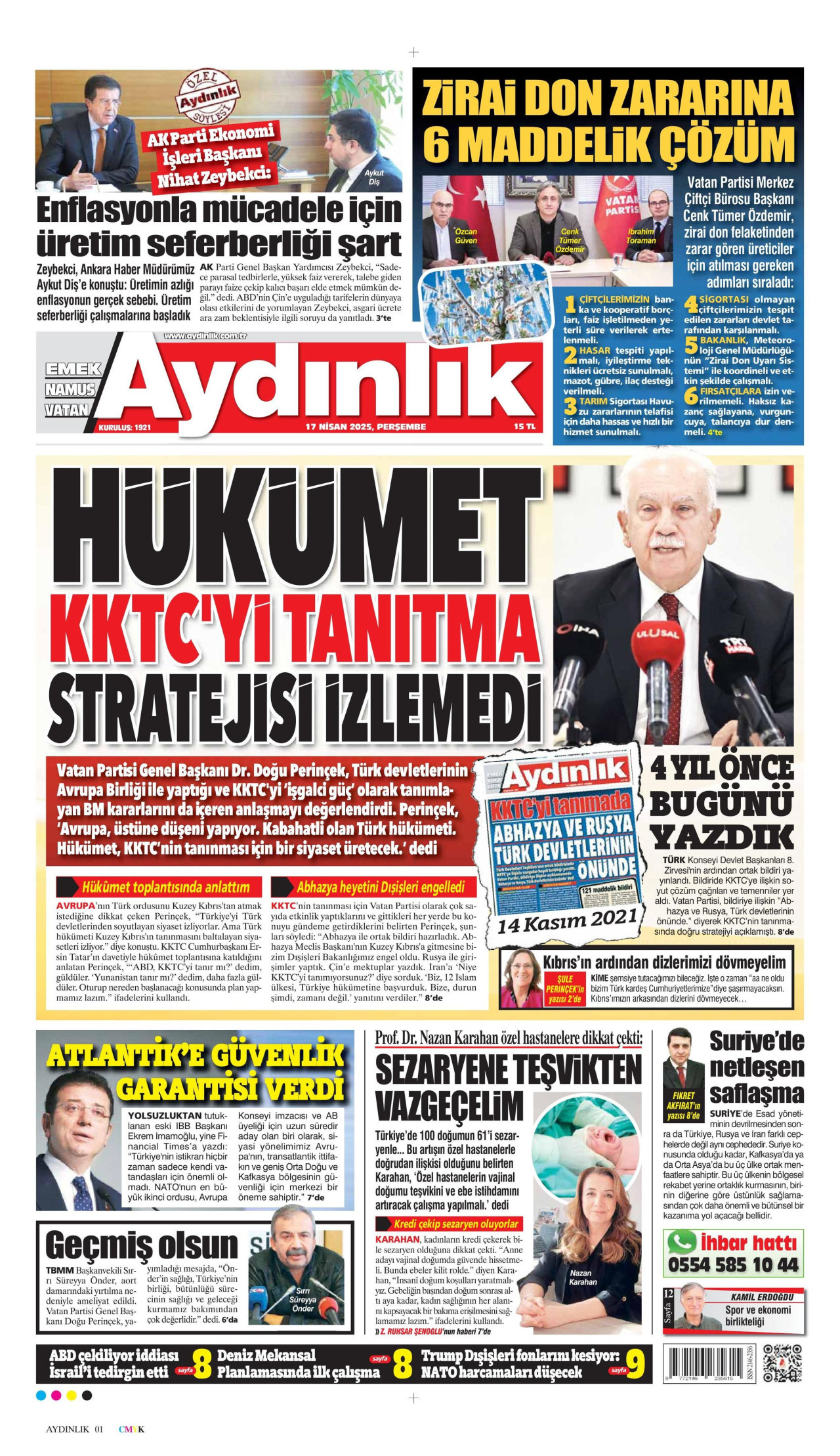 AYDINLIK GAZETESİ gazetesinin 17 Nisan 2025 tarihli birinci sayfası