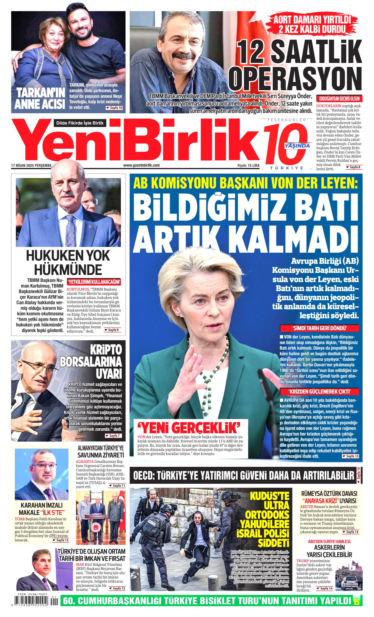 YENİBİRLİK gazetesinin 17 Nisan 2025 tarihli birinci sayfası