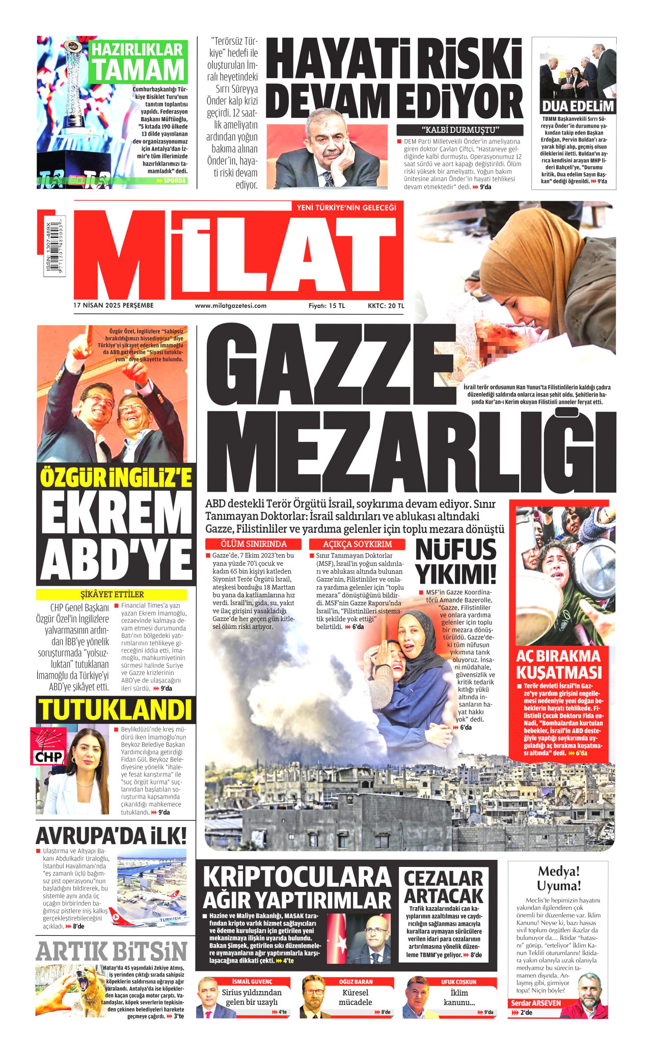 MİLAT gazetesinin 17 Nisan 2025 tarihli birinci sayfası