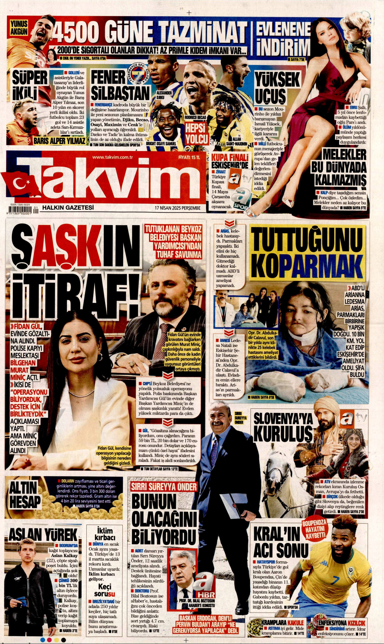 TAKVİM gazetesinin 17 Nisan 2025 tarihli birinci sayfası